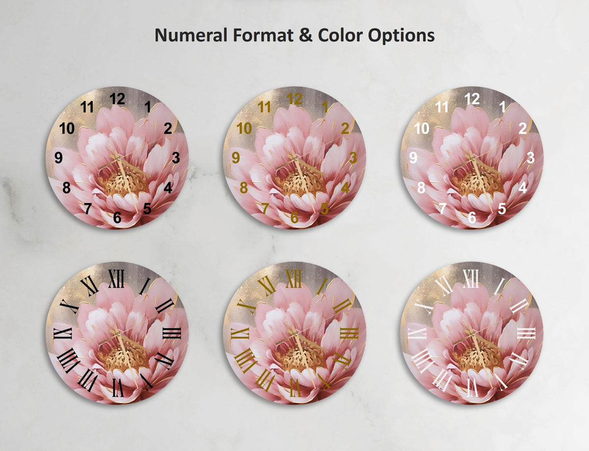 a set of four pink flowers on a clock face
