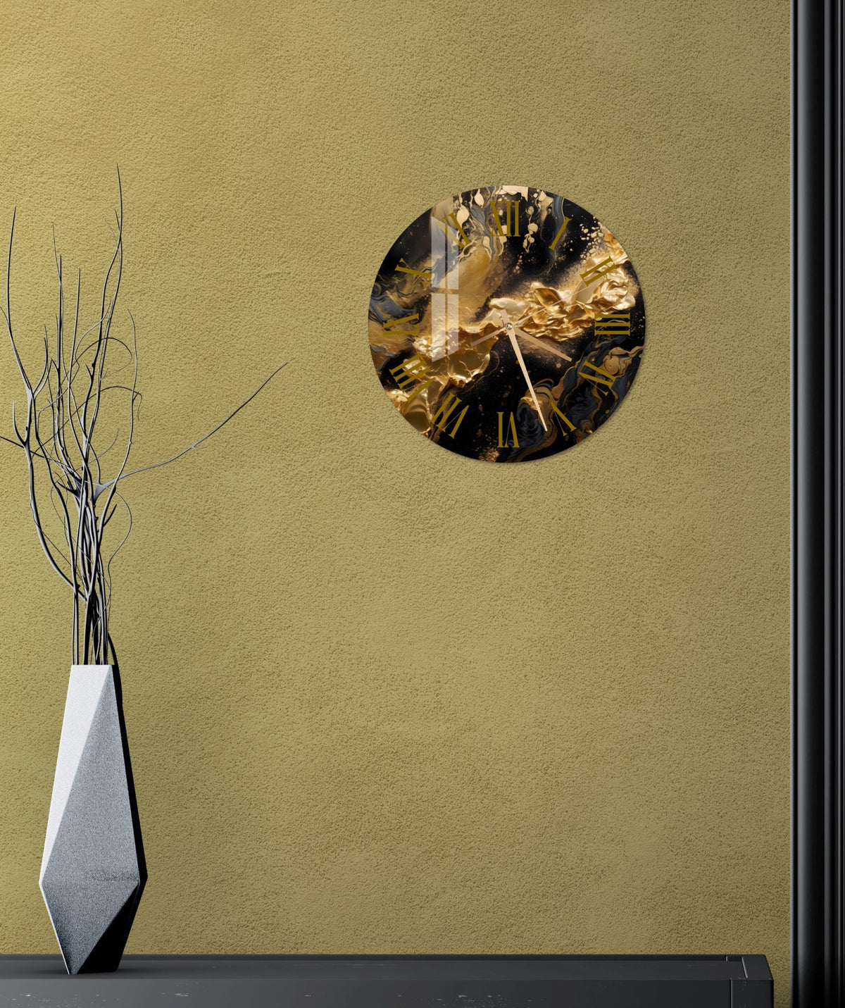 a clock on a wall next to a vase with branches in it