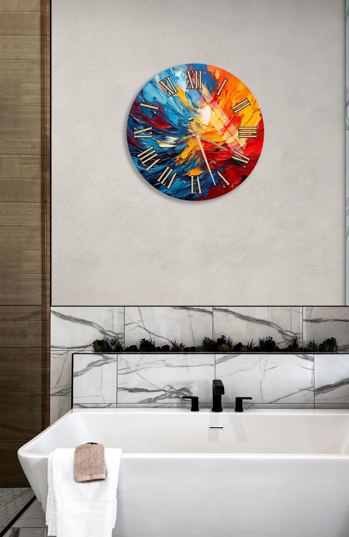 a bathroom with a white bathtub, a colorful wall clock, and a marble tile backsplash.