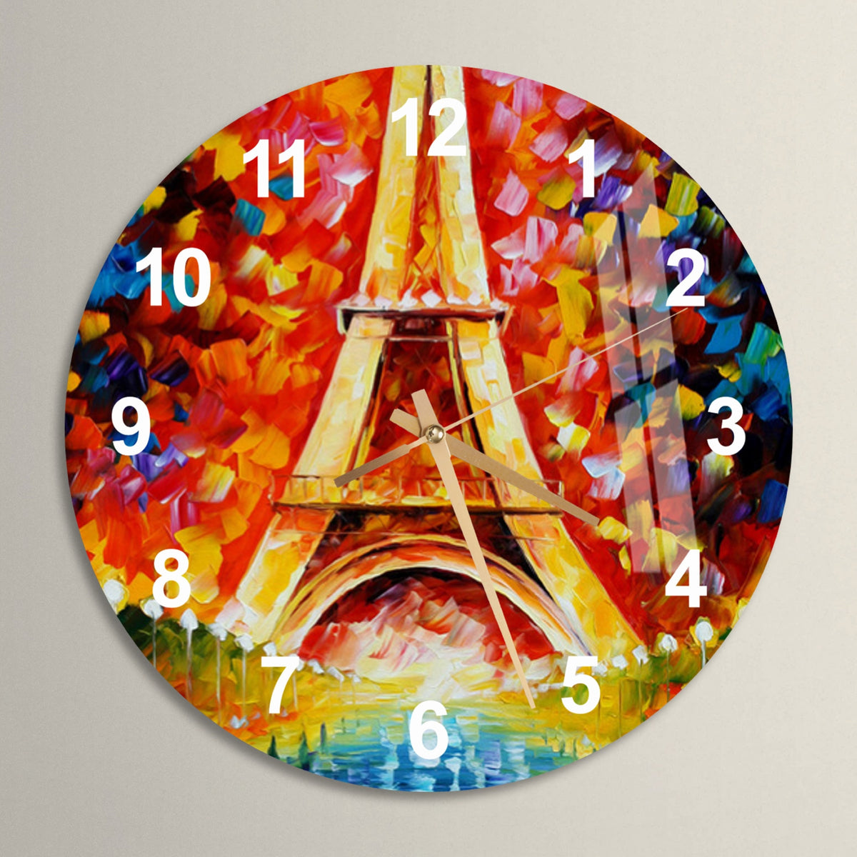 a clock with a painting of the eiffel tower