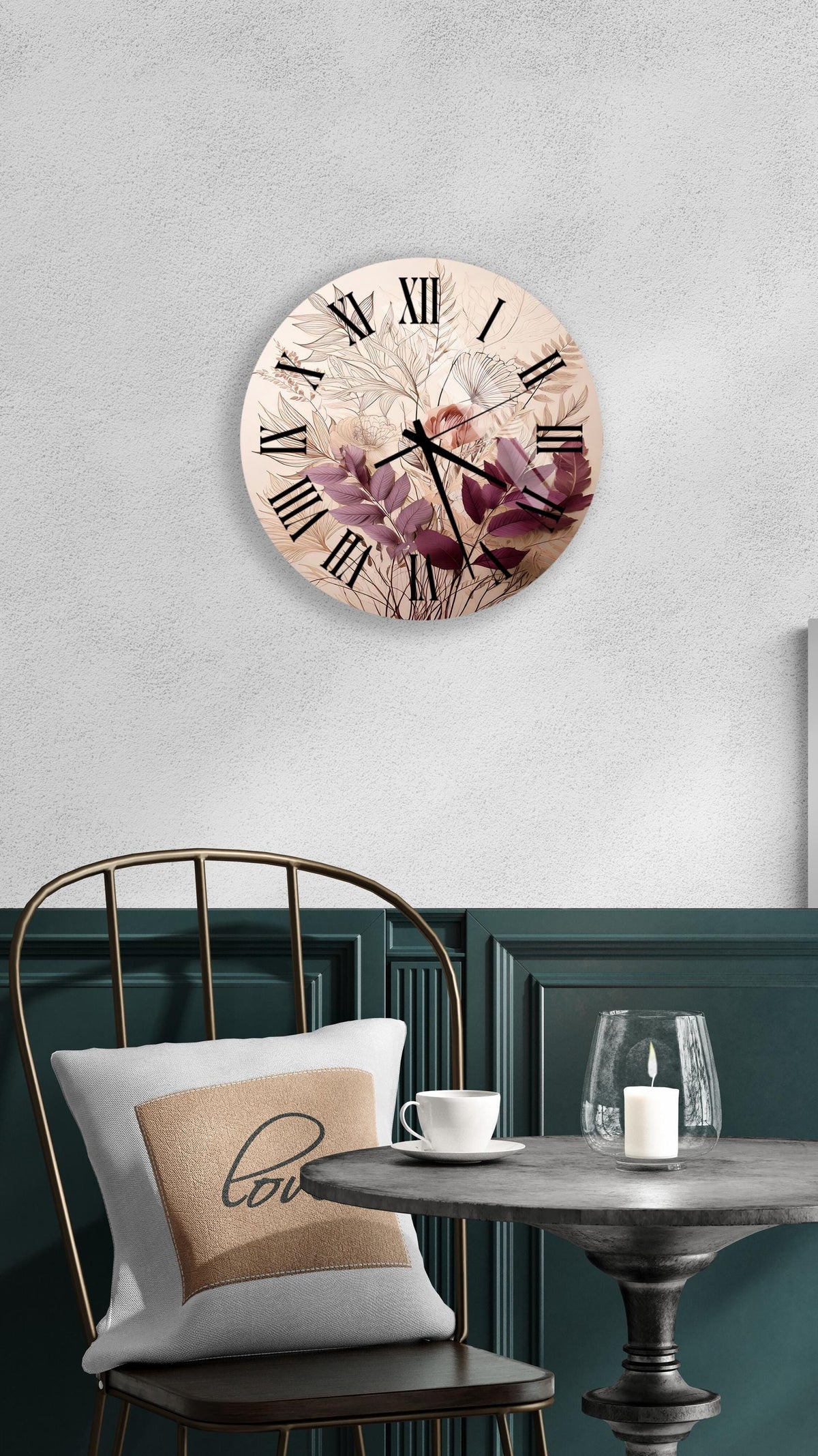 a clock that is on the wall above a table