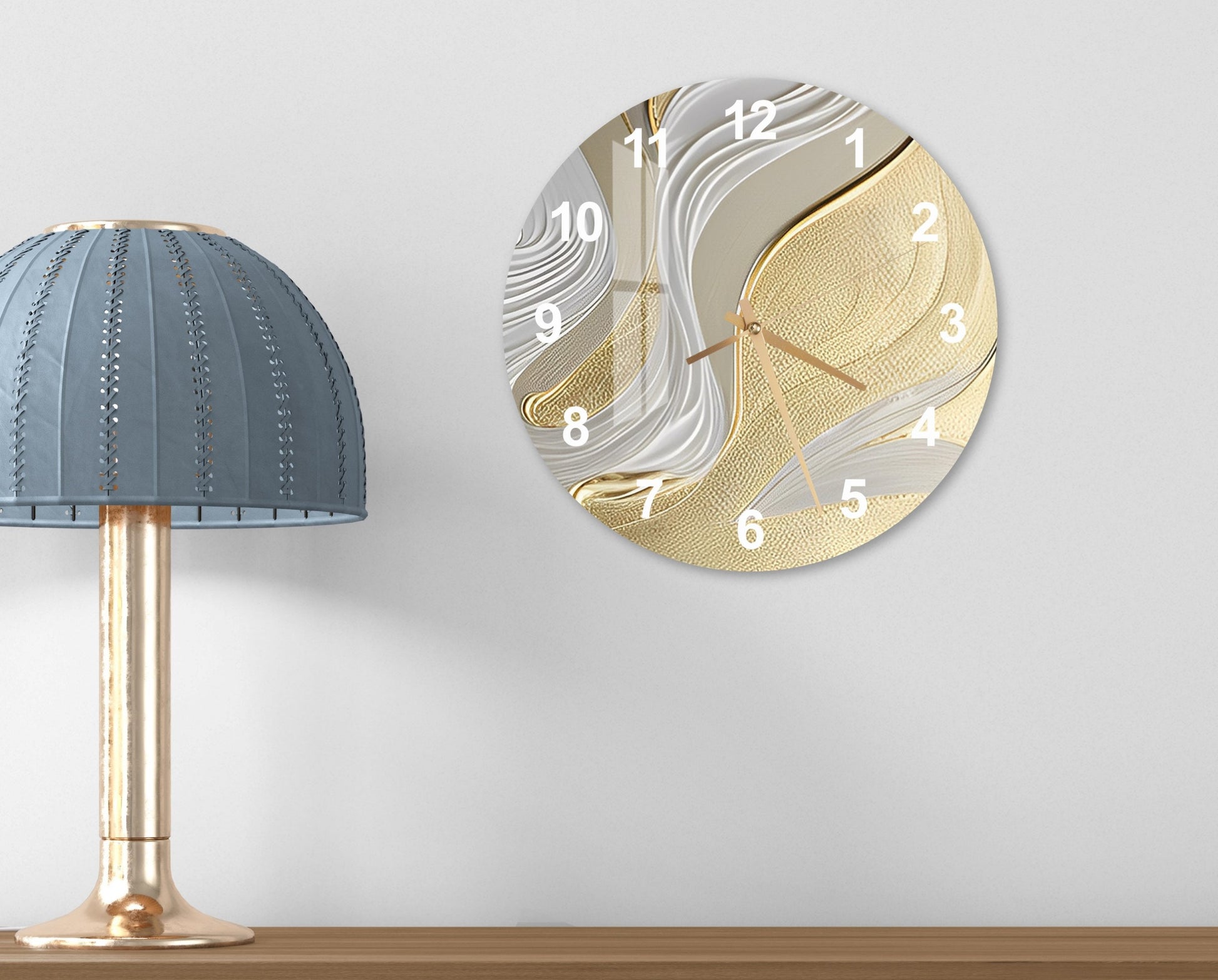a clock on a wall next to a lamp