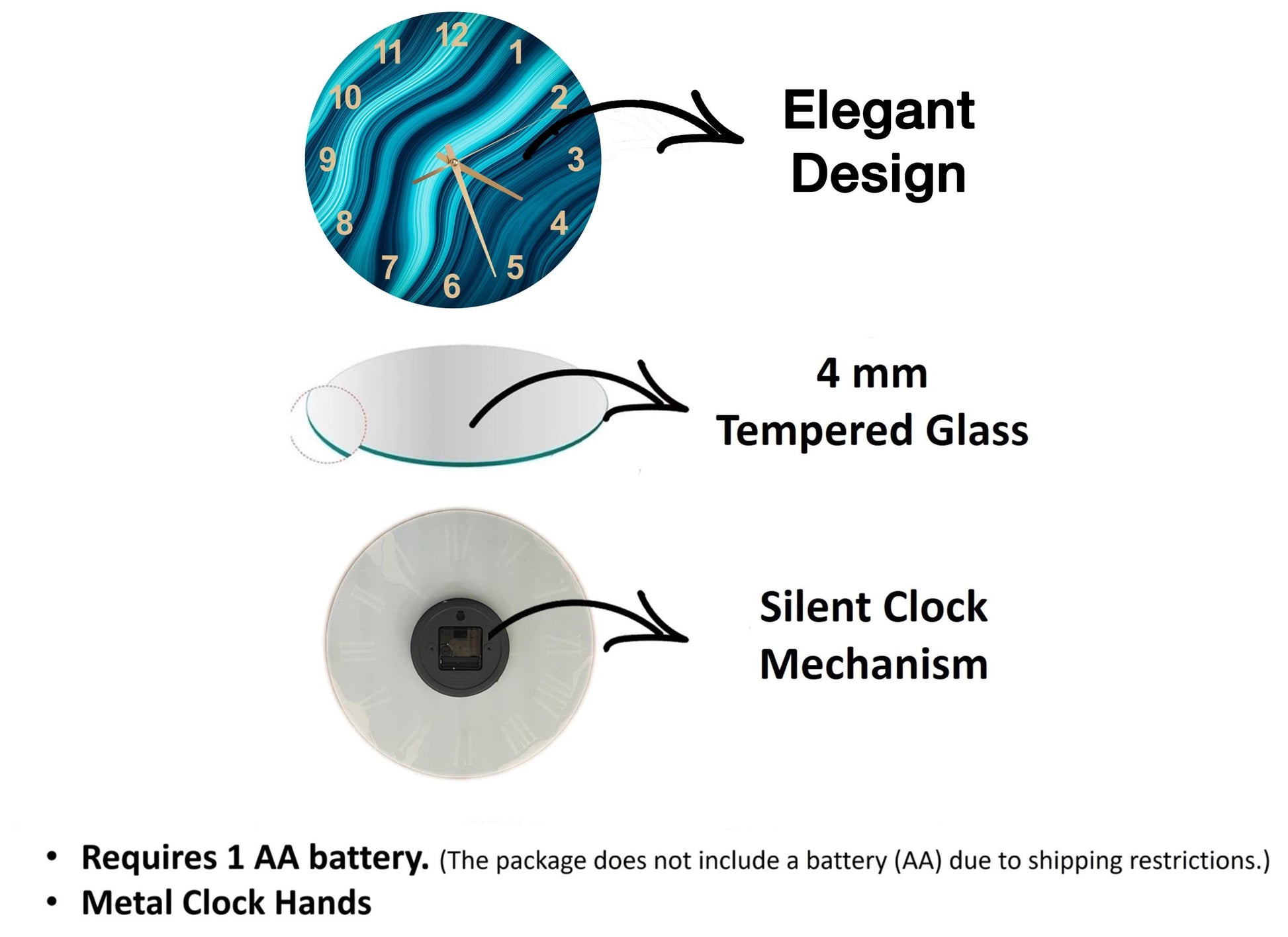 The image is a 3D rendering of a clock with a blue and white color scheme, accompanied by text describing the clock's features and specifications.