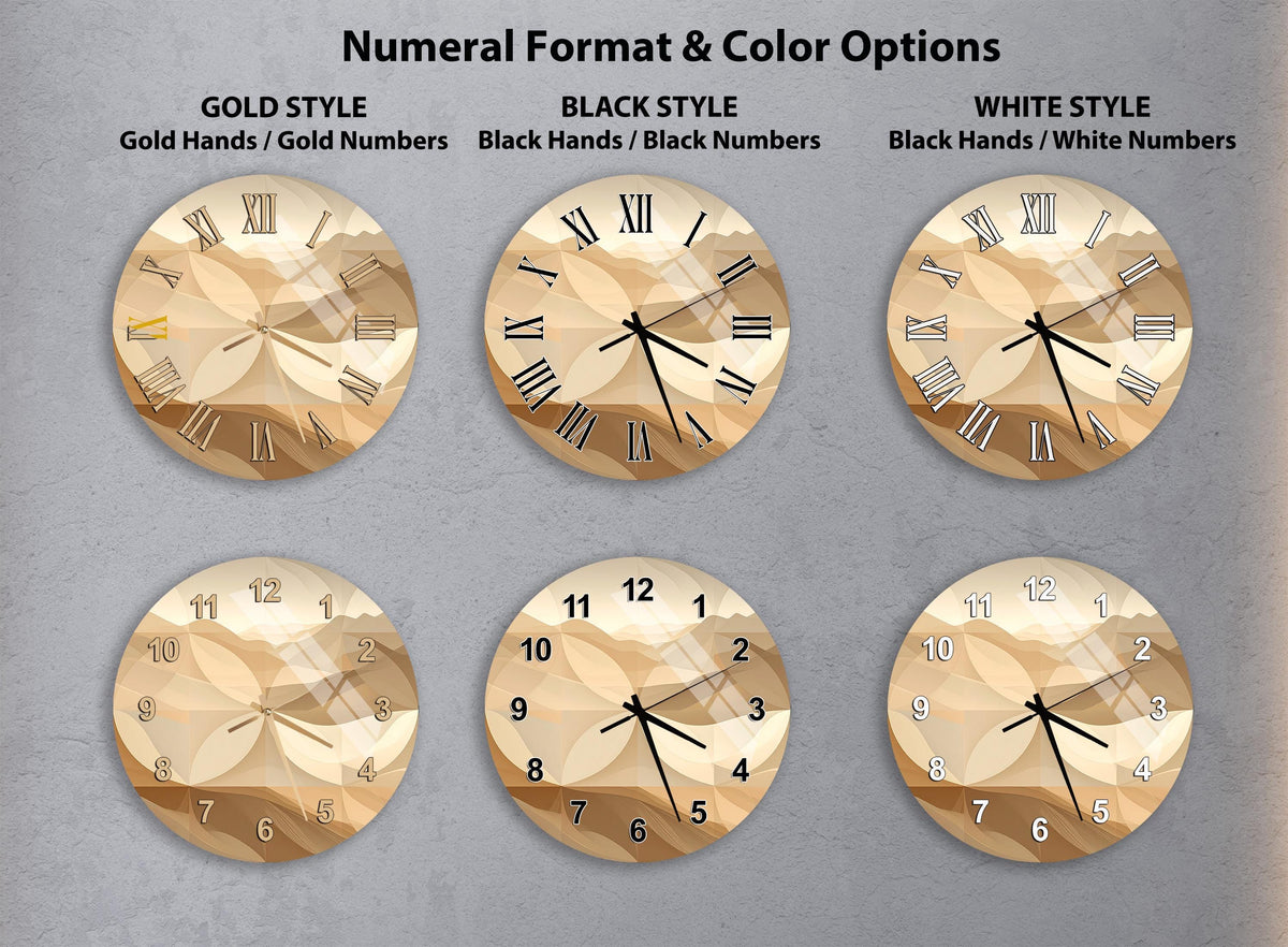 a collection of six clock faces with different styles and color options, including gold, black, white, and black and white.