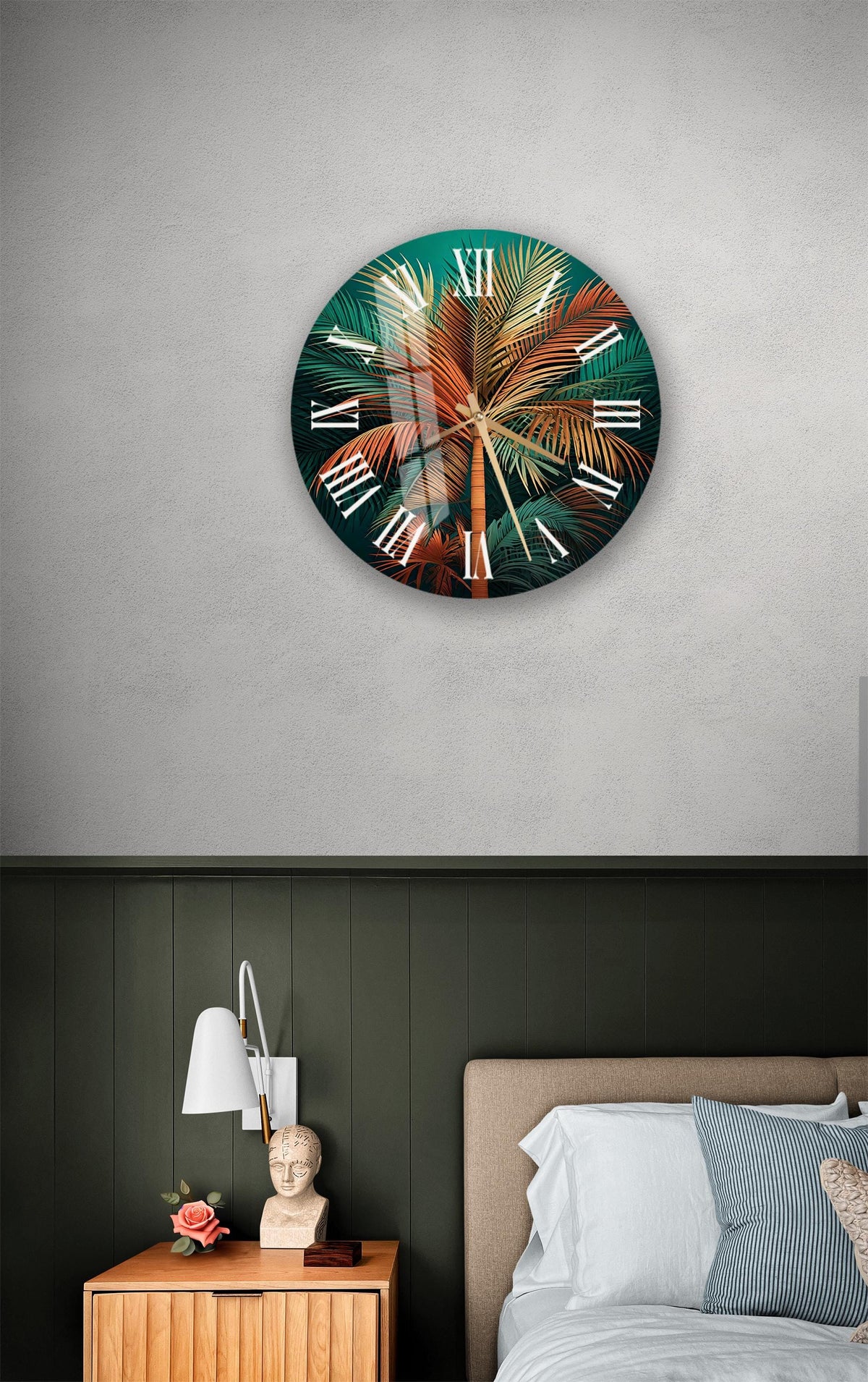 a bedroom with a bed and a clock on the wall