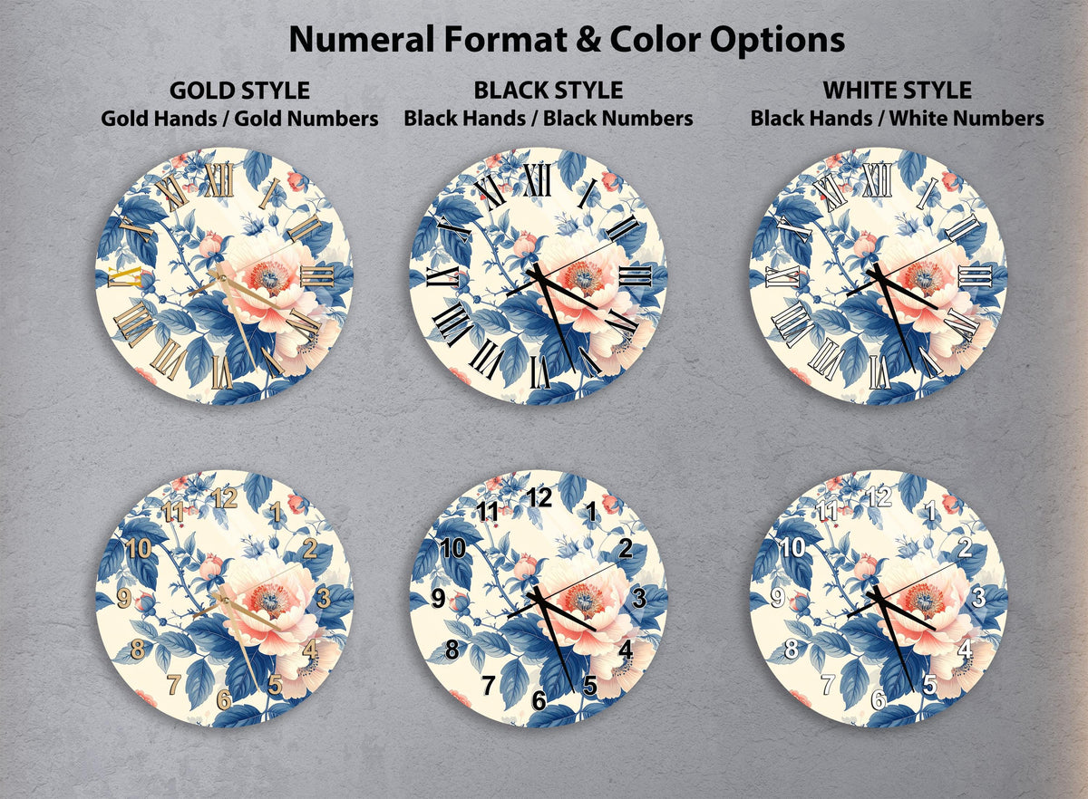 a collection of six wall clocks with different floral designs, each with a unique color and style.