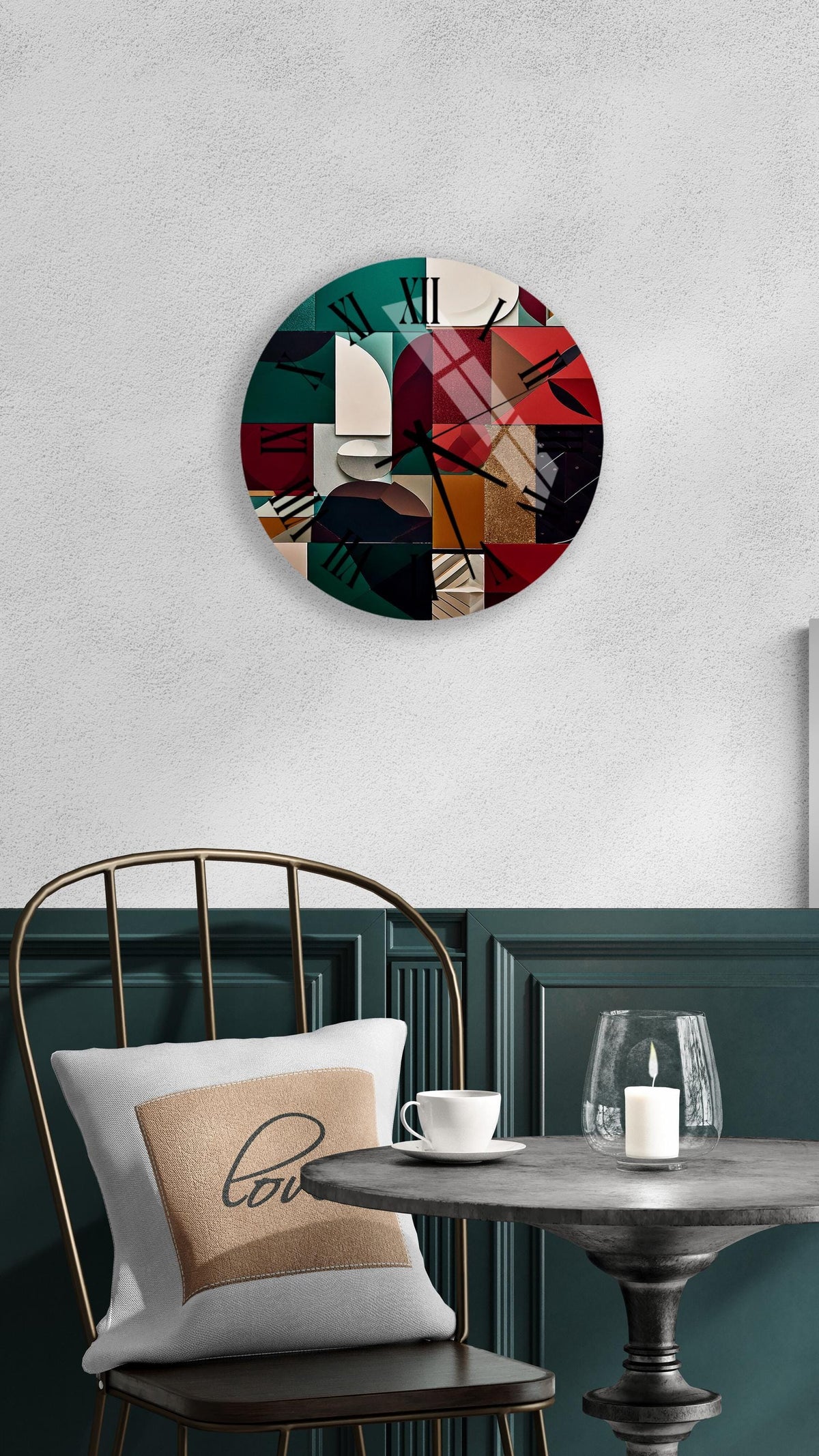 a table with a chair and a vase on it