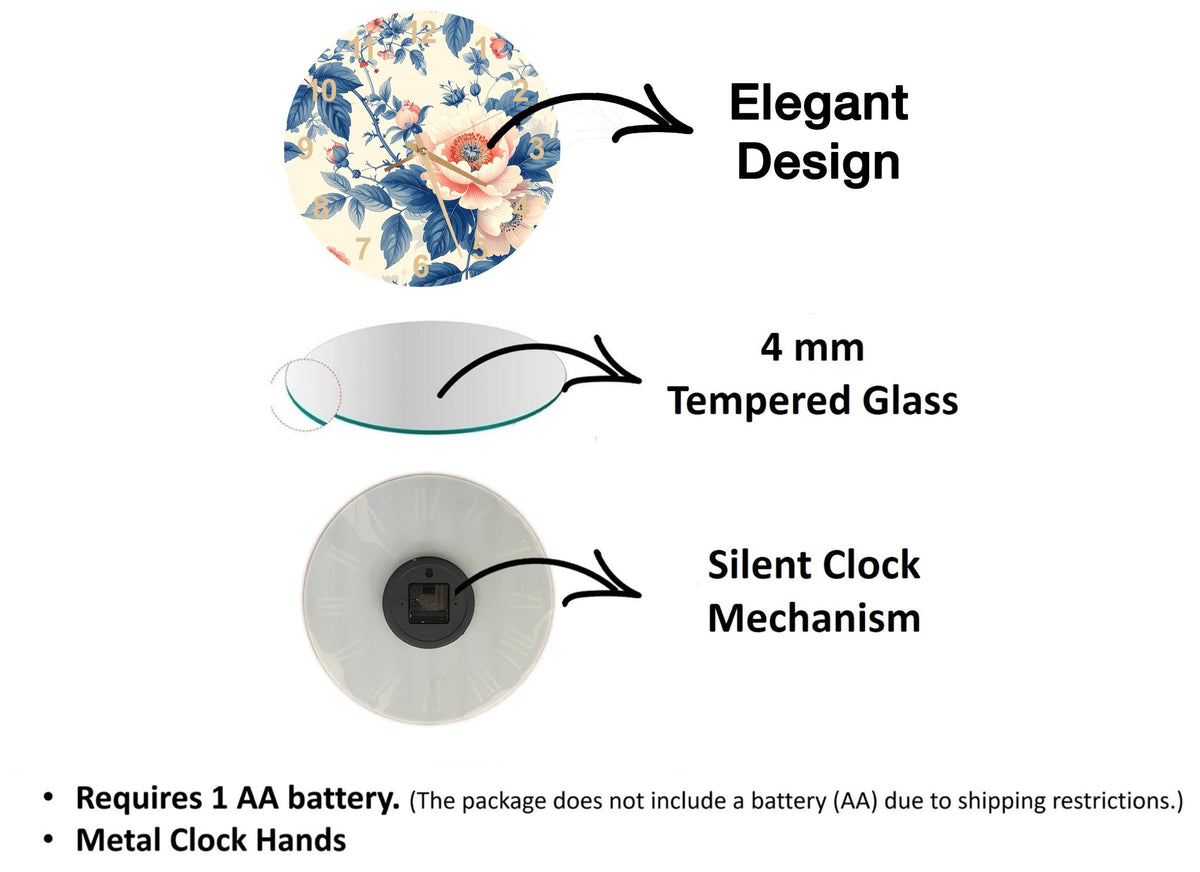The image is a diagram that illustrates the features of a clock mechanism, including a 4 mm Tempered Glass, a Silent Clock Mechanism, and Metal Clock Hands.