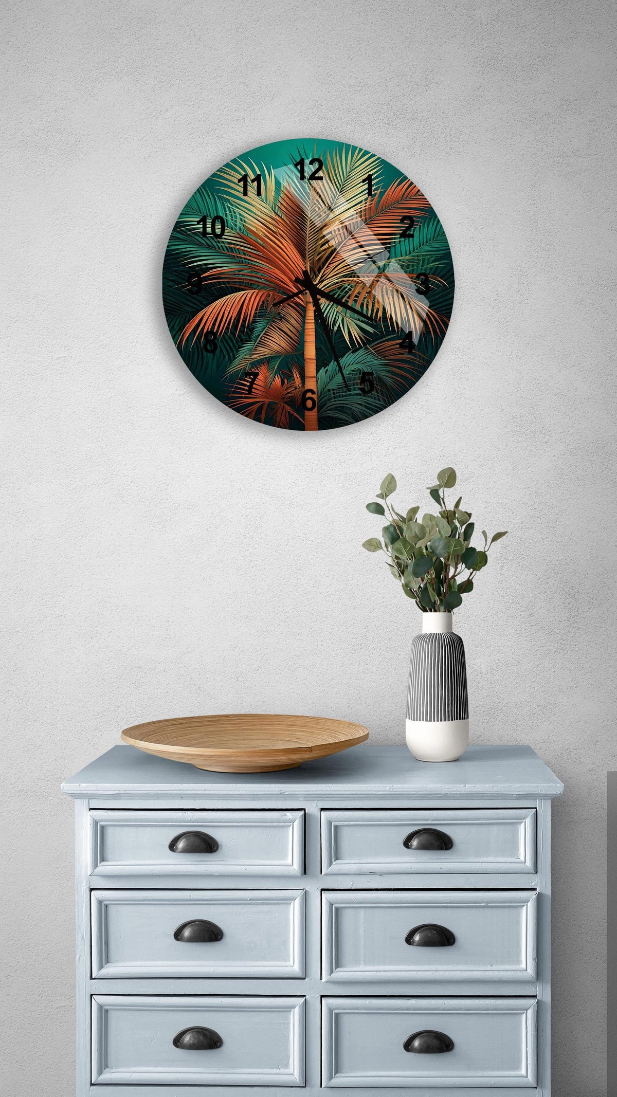 a clock on a wall above a dresser