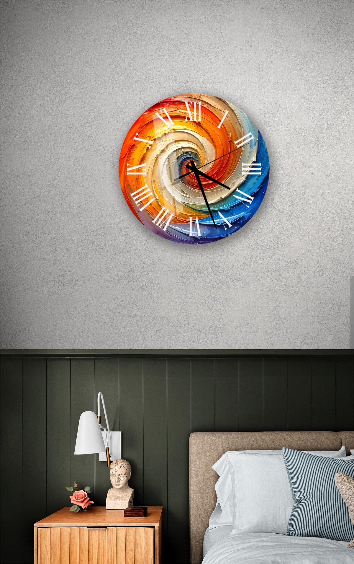 a bedroom setting with a colorful spiral clock hanging on the wall above a bed.