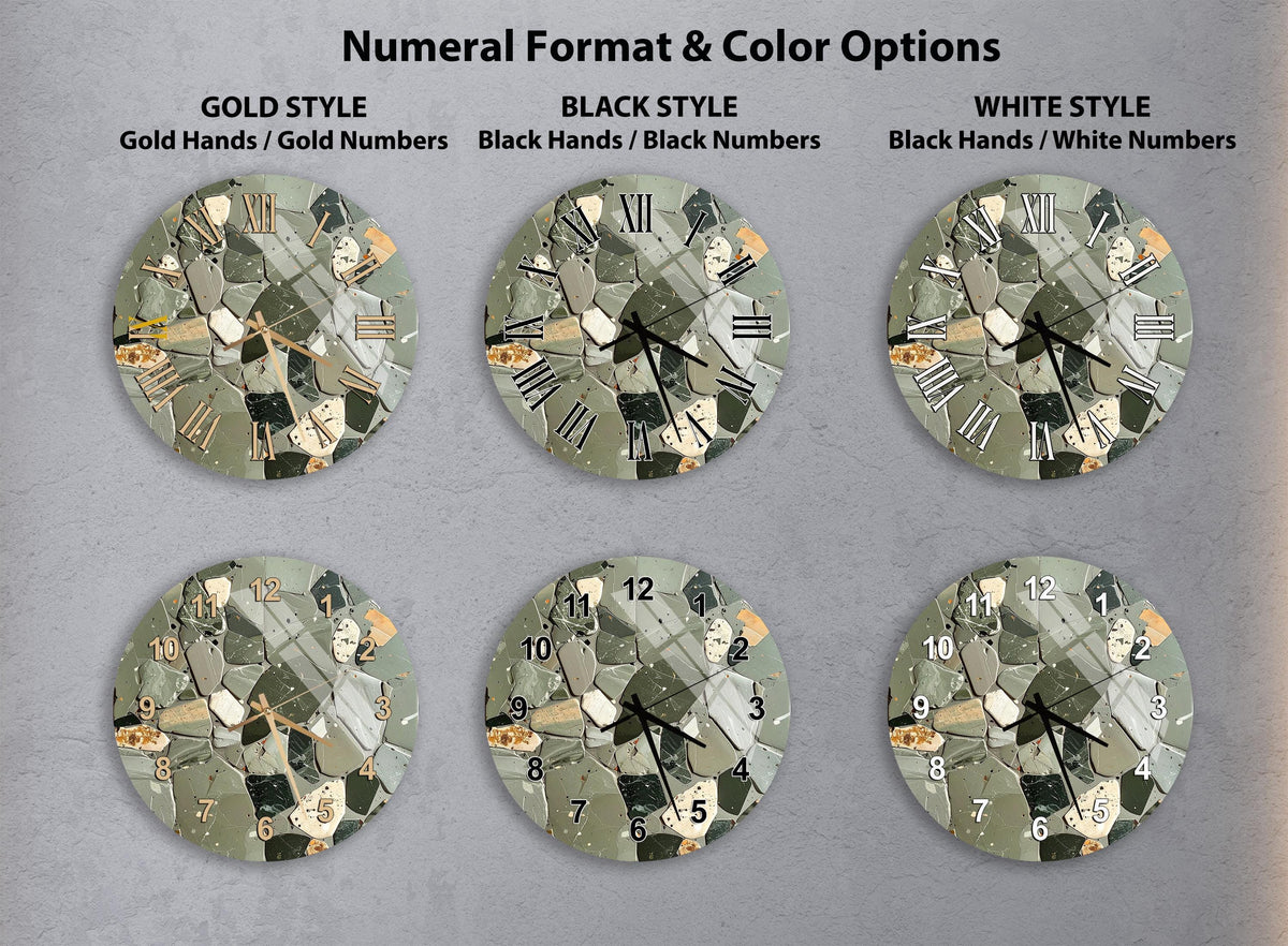 a collection of six round wall clocks with different styles and color options, including gold, black, white, and black and white.