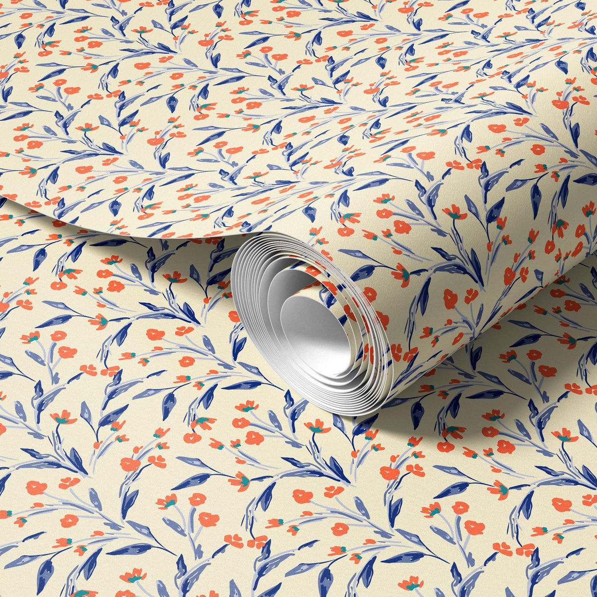 a roll of wallpaper with a floral pattern in shades of blue and orange.