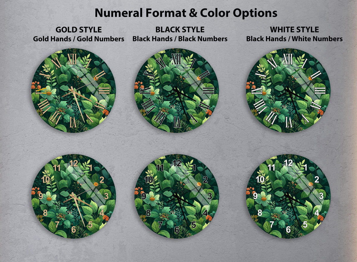 six different clock faces with various styles and color options, including gold, black, white, and green foliage.