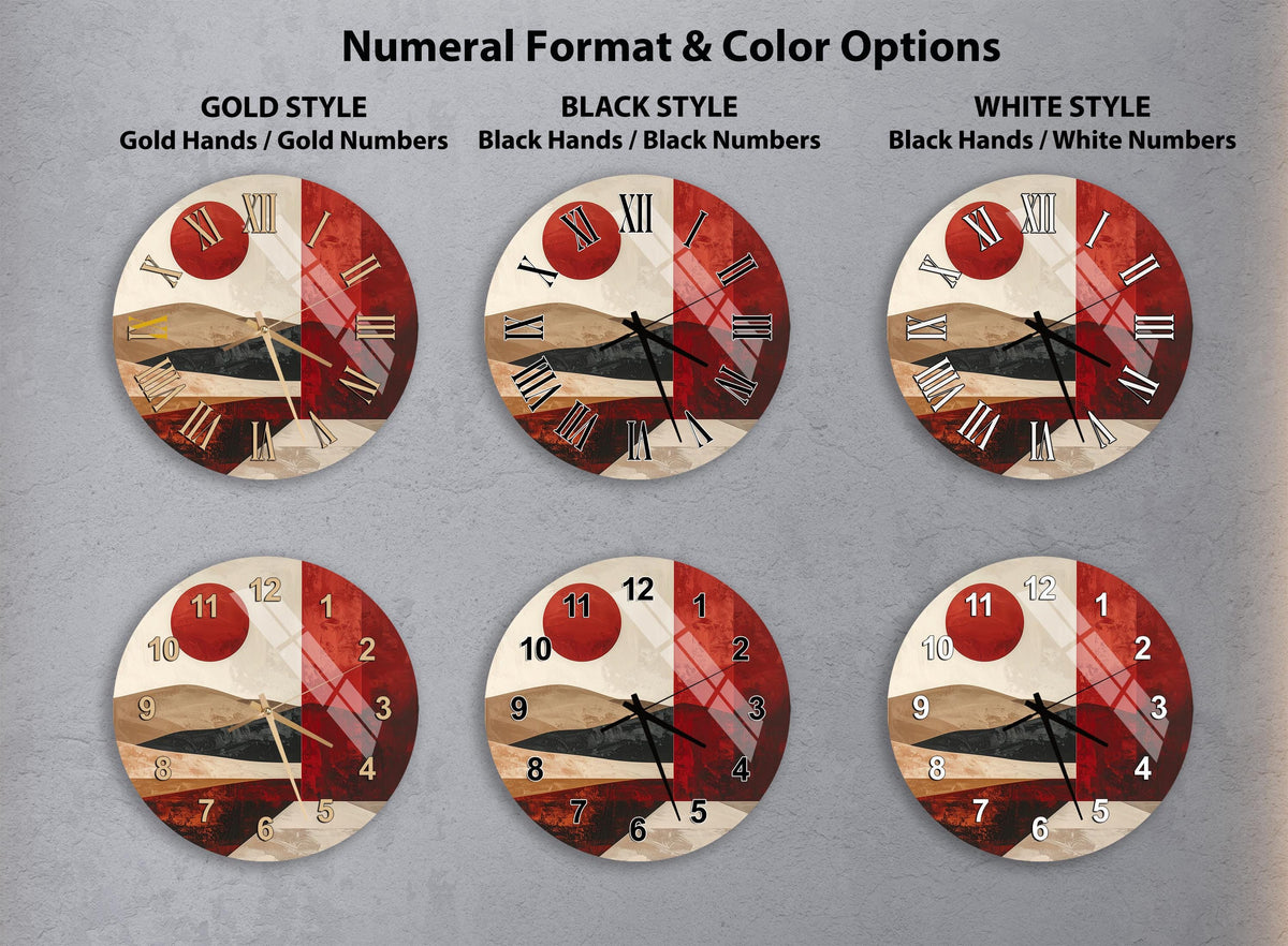six different wall clocks with various styles and color options, including gold, black, white, and black and white.