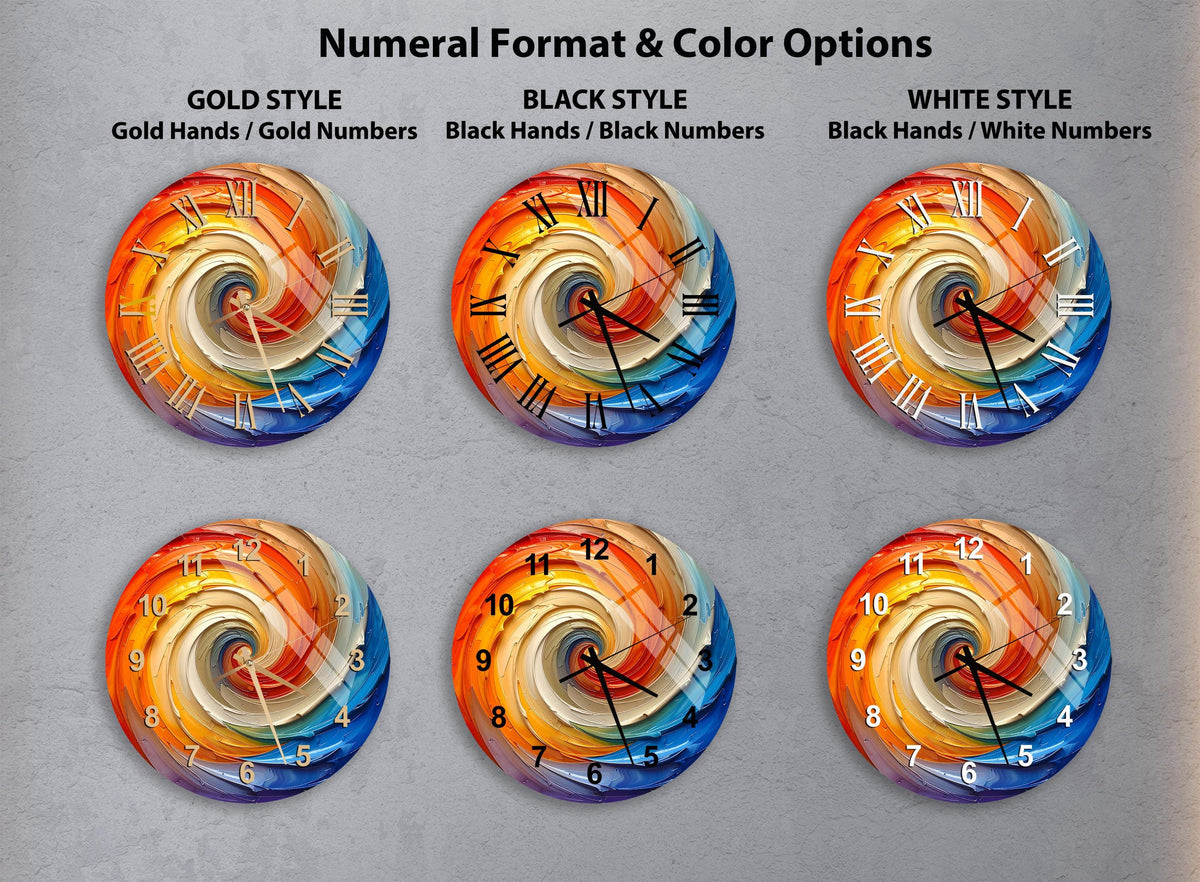 six different clock designs, each with a unique color scheme and style. The clocks are arranged in a grid format, with three rows and two columns. The clocks feature a variety of colors and patterns, including gold, black, white, and vibrant swirls. The clocks are designed to be visually appealing and easy to read, with the colors and patterns creating a striking contrast against the background.