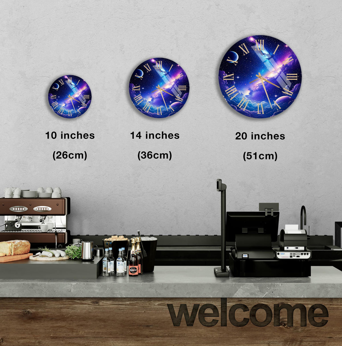 a counter with three clocks on the wall above it