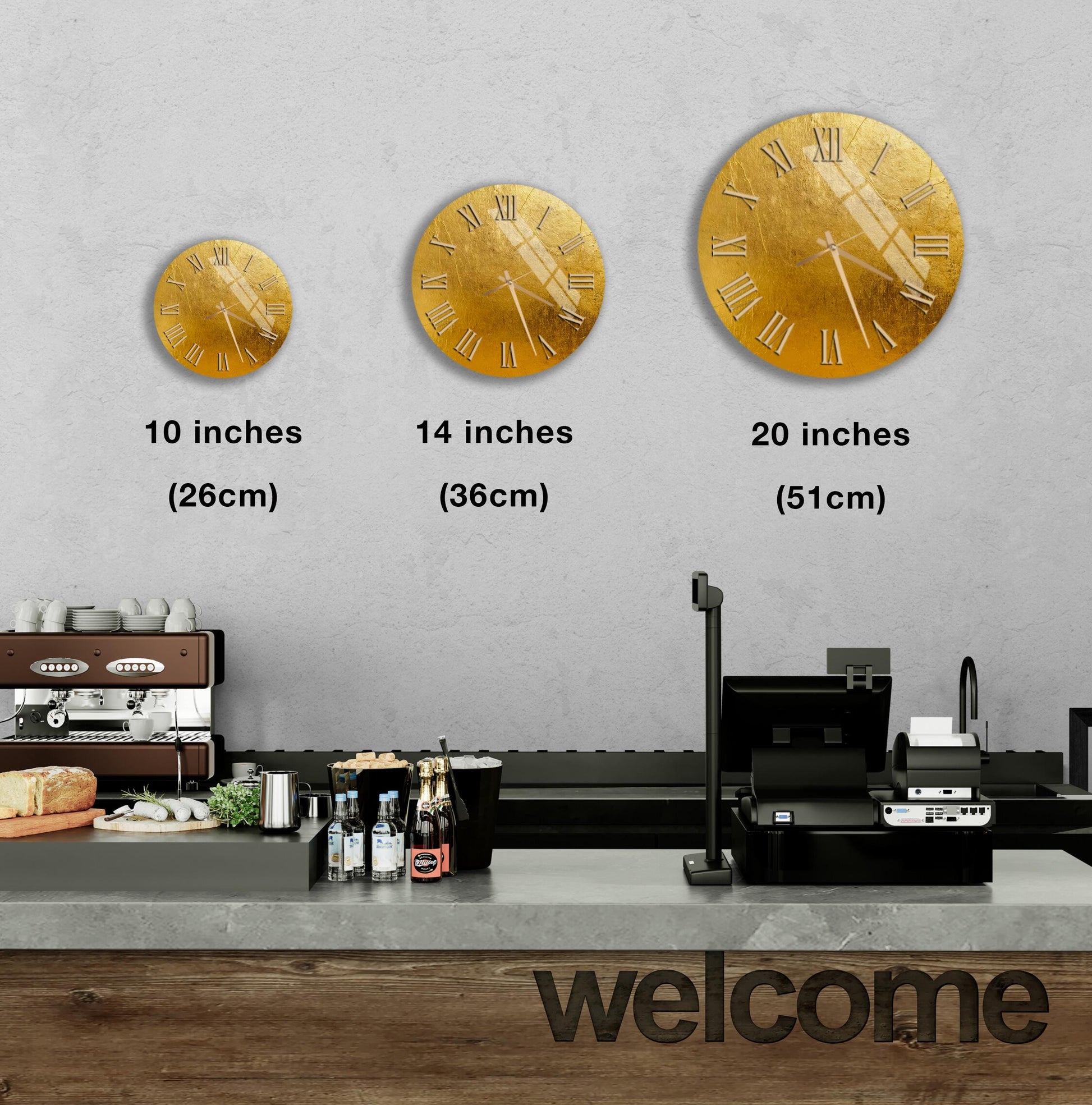 a wall clock with three different sizes, ranging from 10 inches to 20 inches, and a counter with a cash register and various items on it.