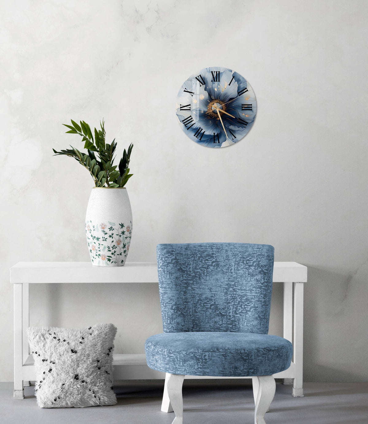 a blue chair sitting next to a white table