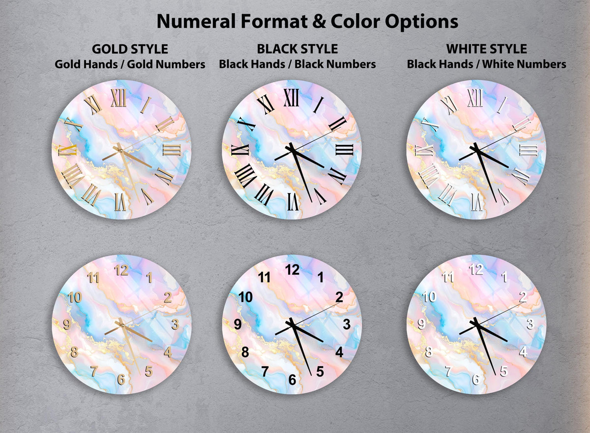 a collection of six wall clocks with different styles and color options, including gold hands, black hands, black numbers, white hands, black numbers, and black numbers.
