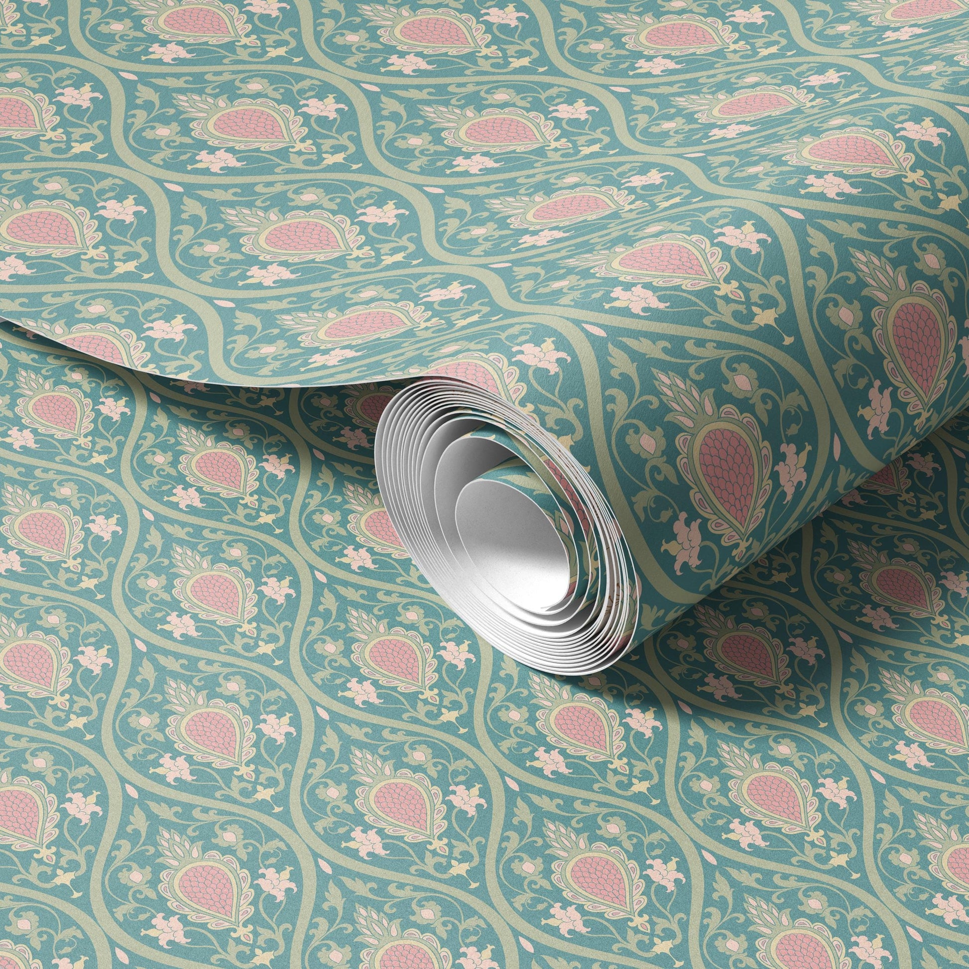 a roll of wallpaper with a repeating pattern of green and pink floral designs.
