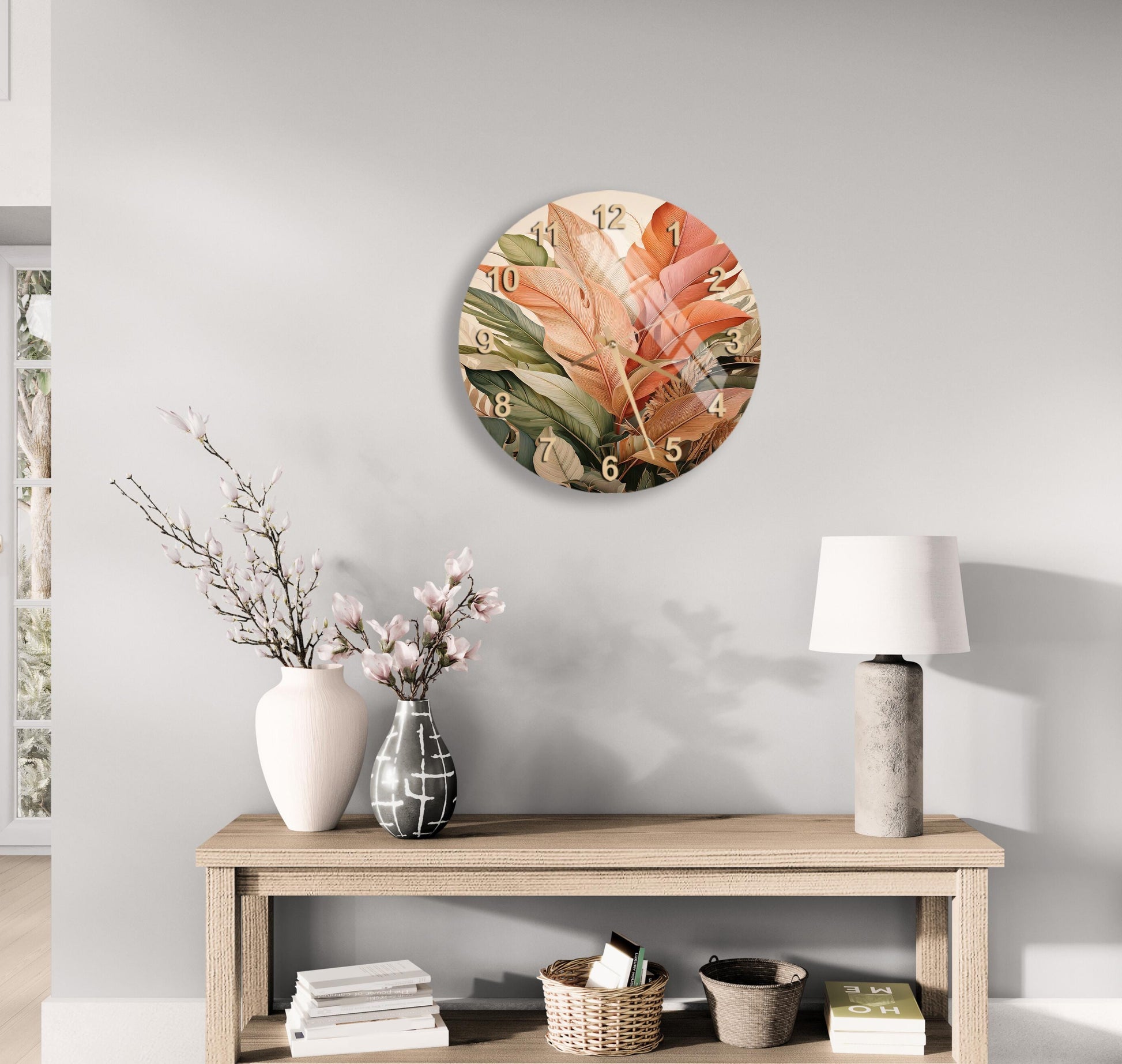 a wooden table with a vase of flowers and a clock on the wall