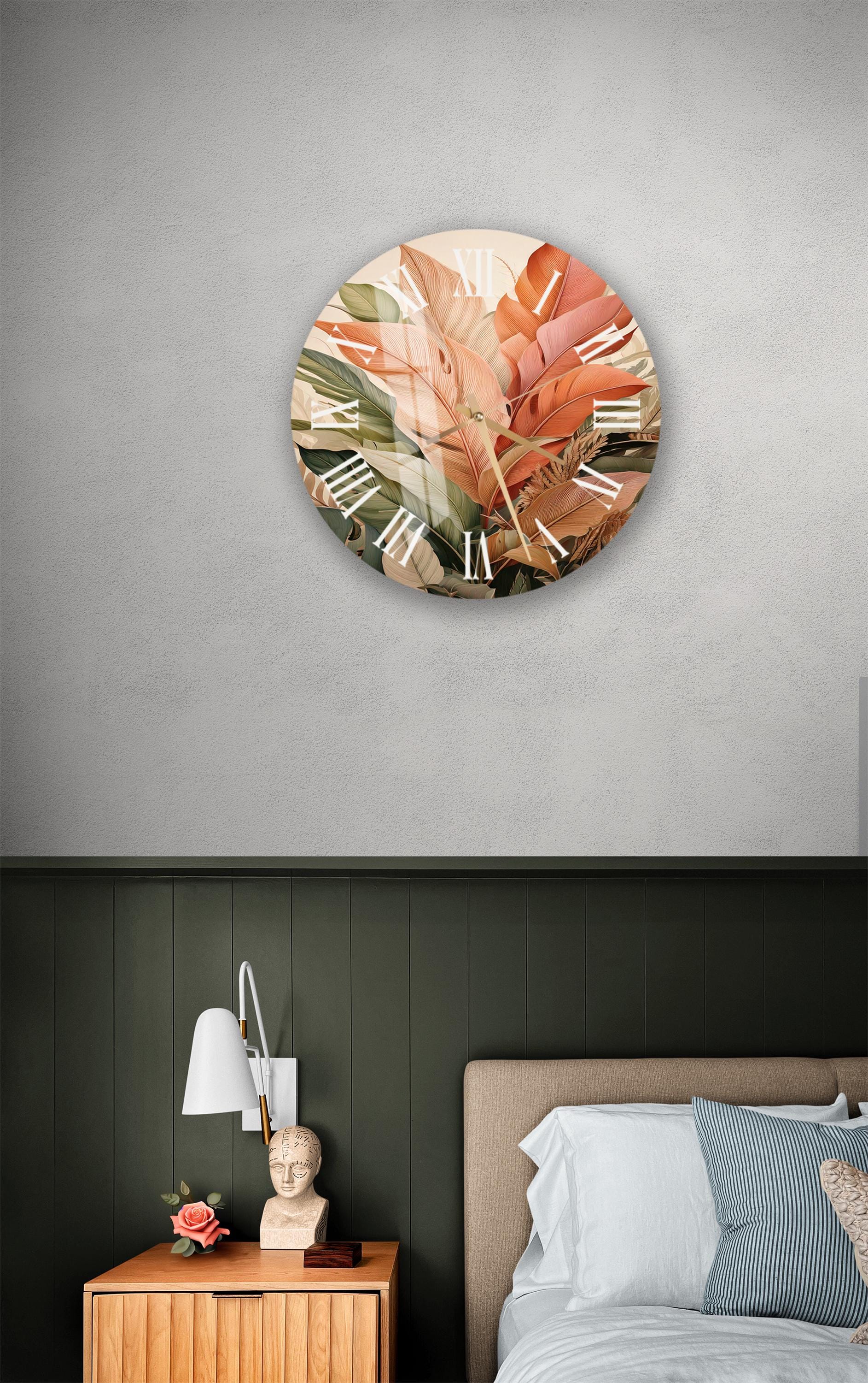 a bedroom with a bed and a clock on the wall