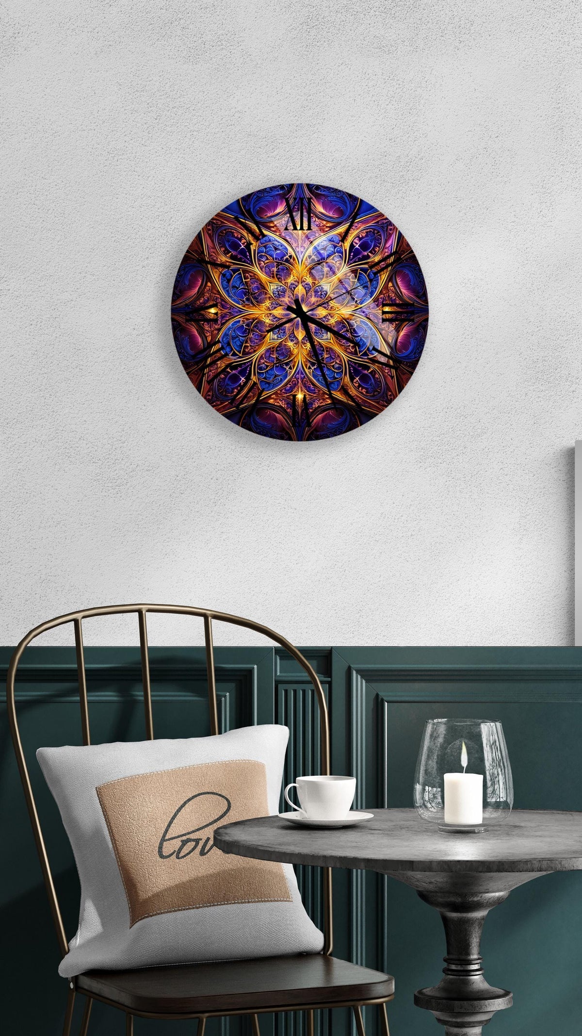 a table with a chair and a vase on it