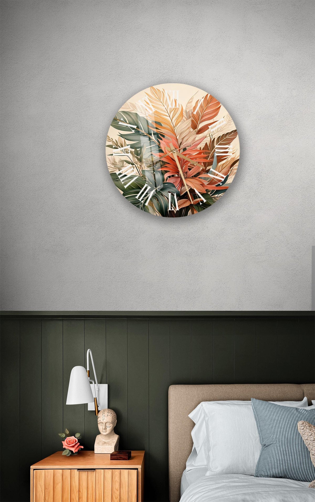 a bed room with a neatly made bed and a painting on the wall