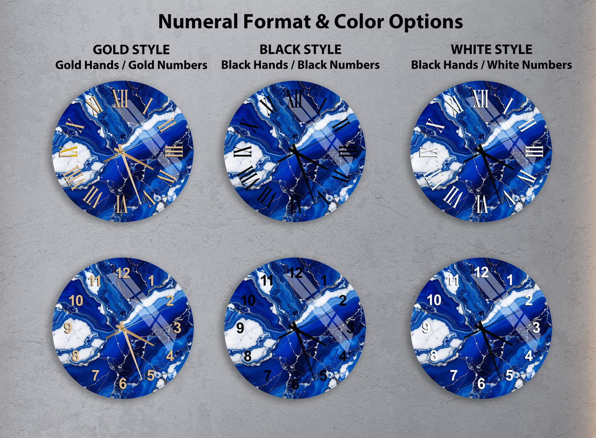 a collection of six clock faces with different styles and color options, including gold, black, white, and marble-like patterns.