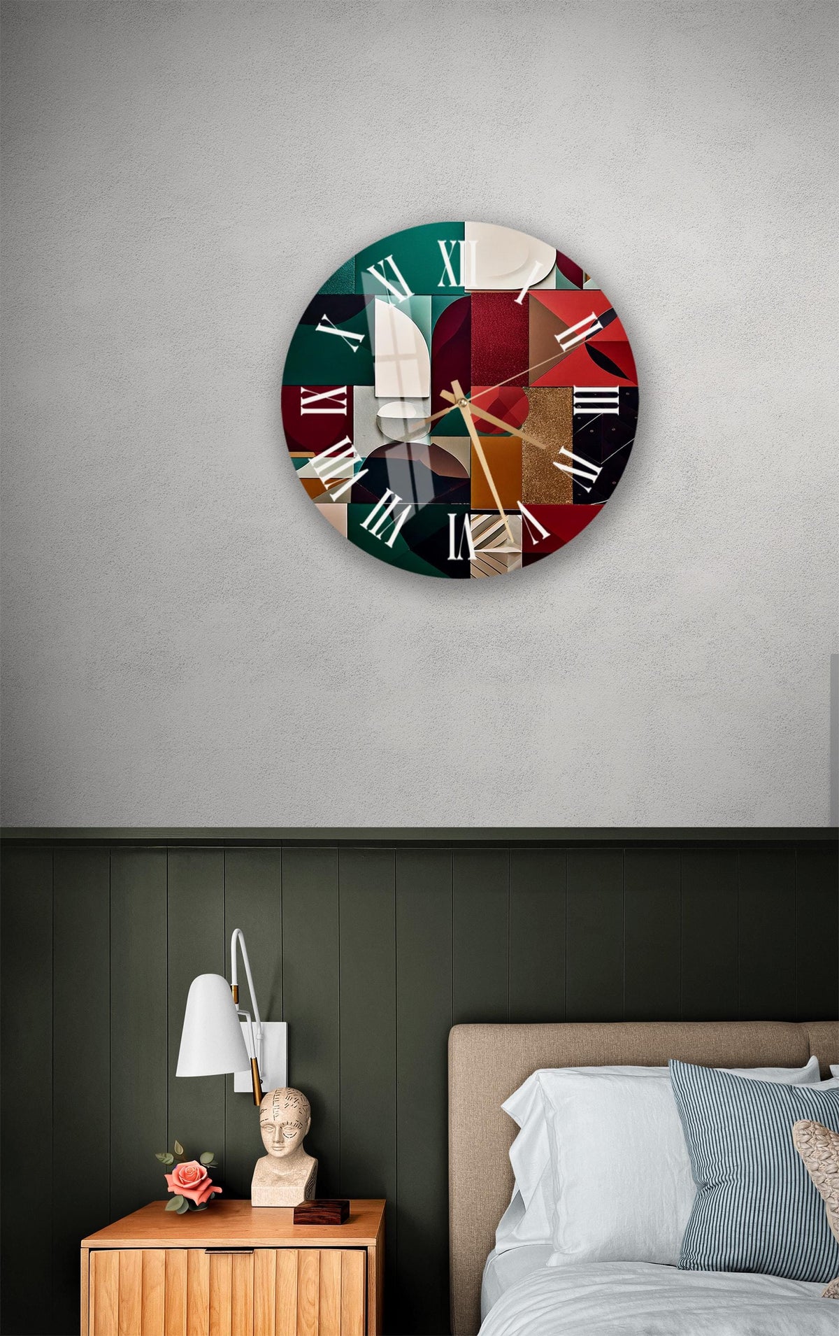 a bedroom with a bed and a clock on the wall
