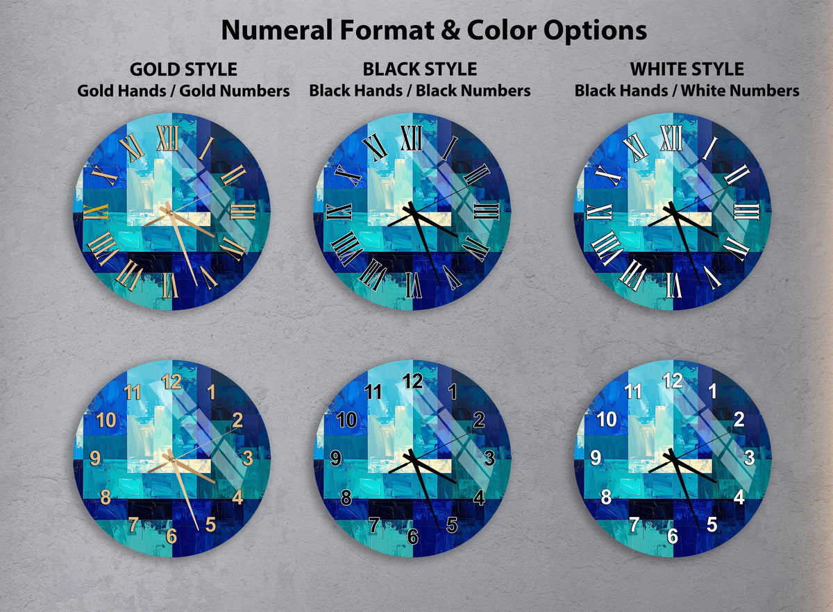 a collection of six wall clocks with different styles and color options, arranged in a grid format.