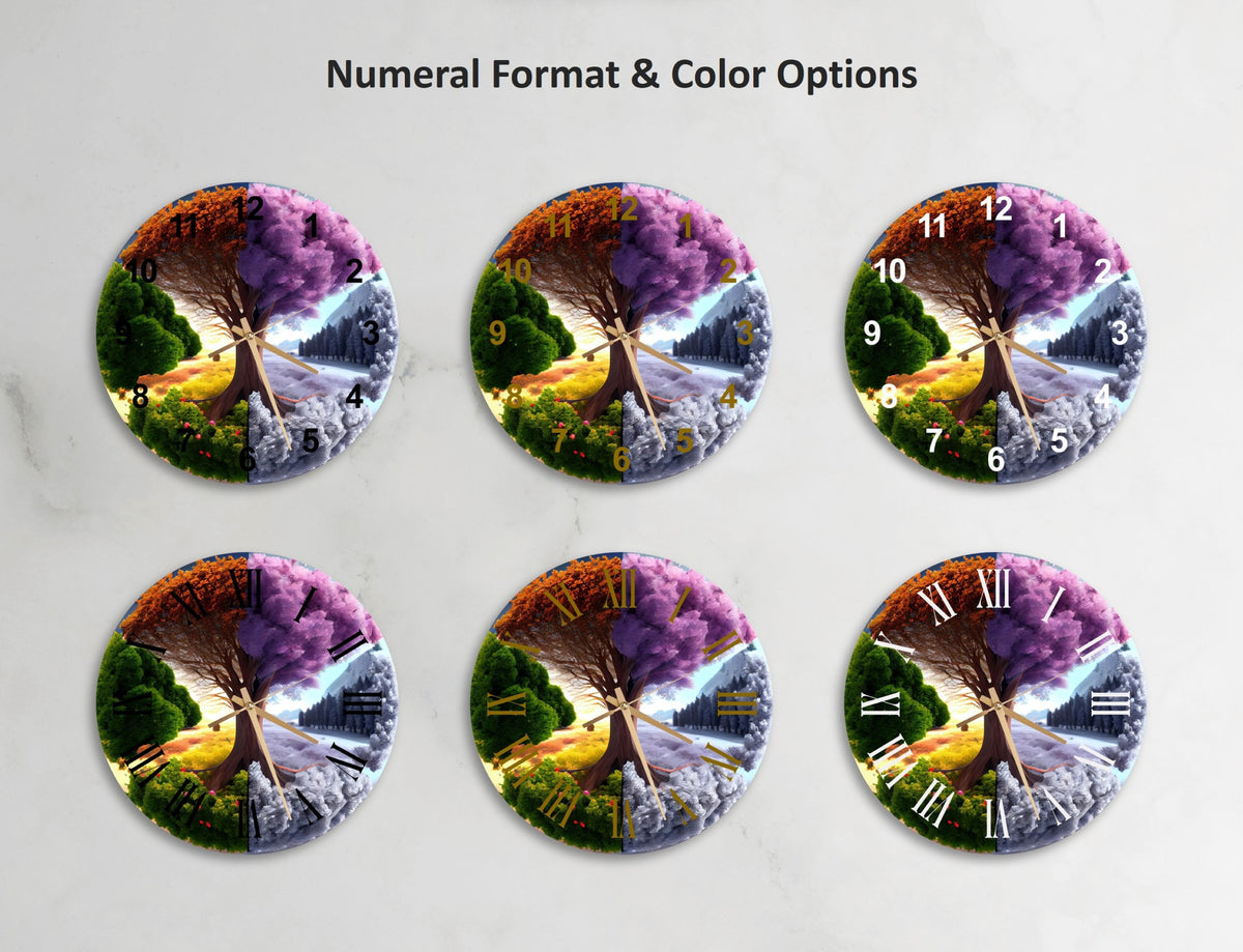 four clocks with a picture of a tree on them