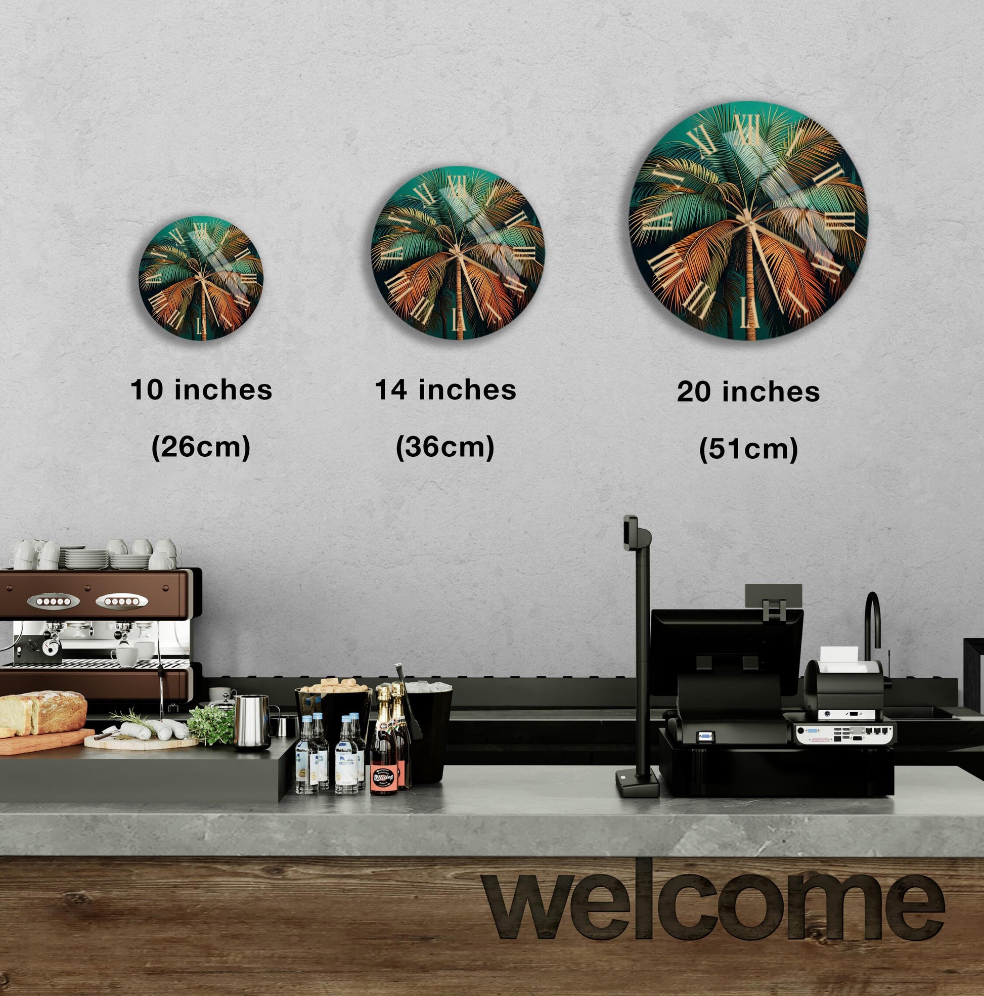 a coffee shop with three coffee machines and a welcome sign