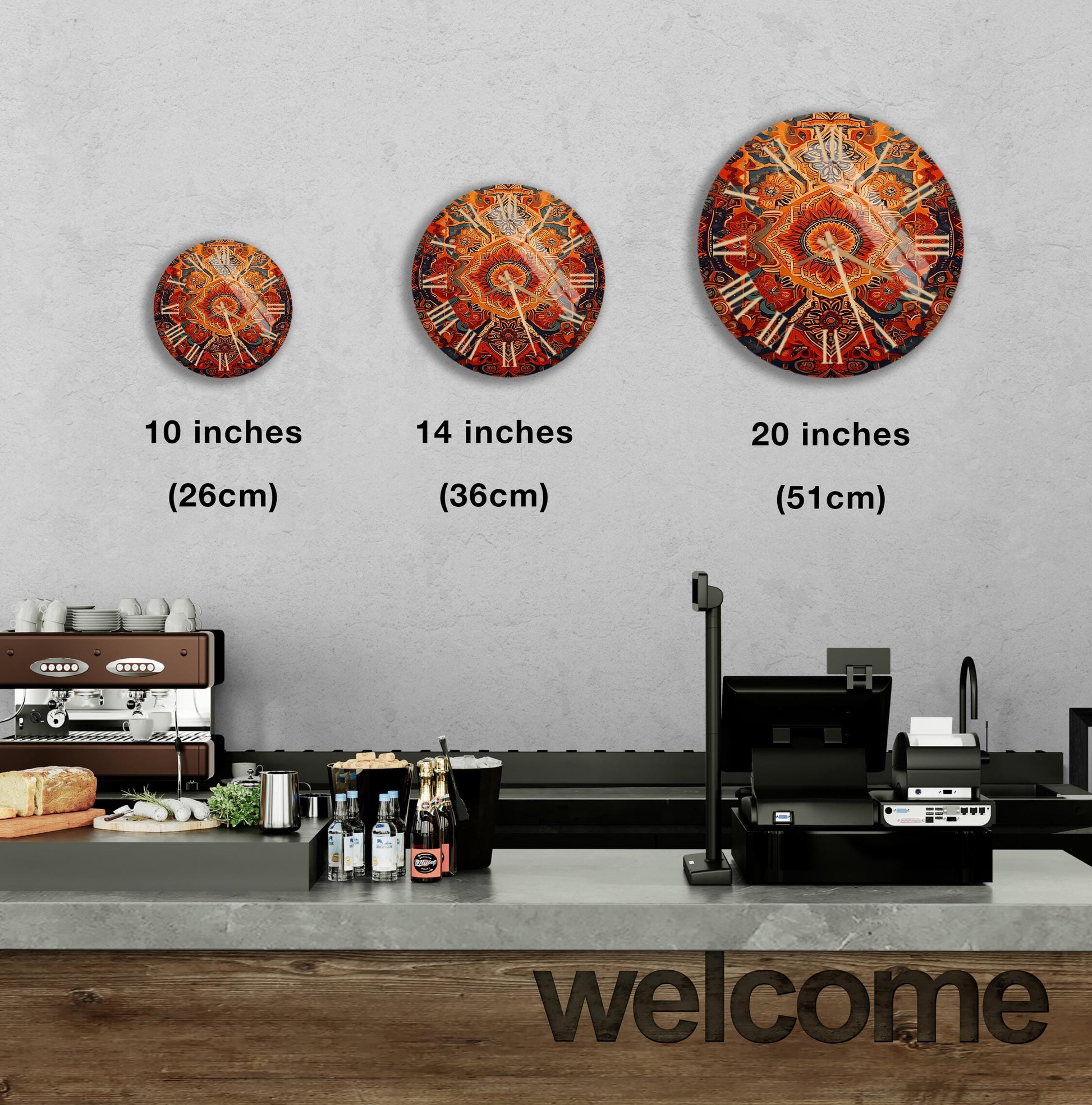 a coffee shop with three clocks on the wall