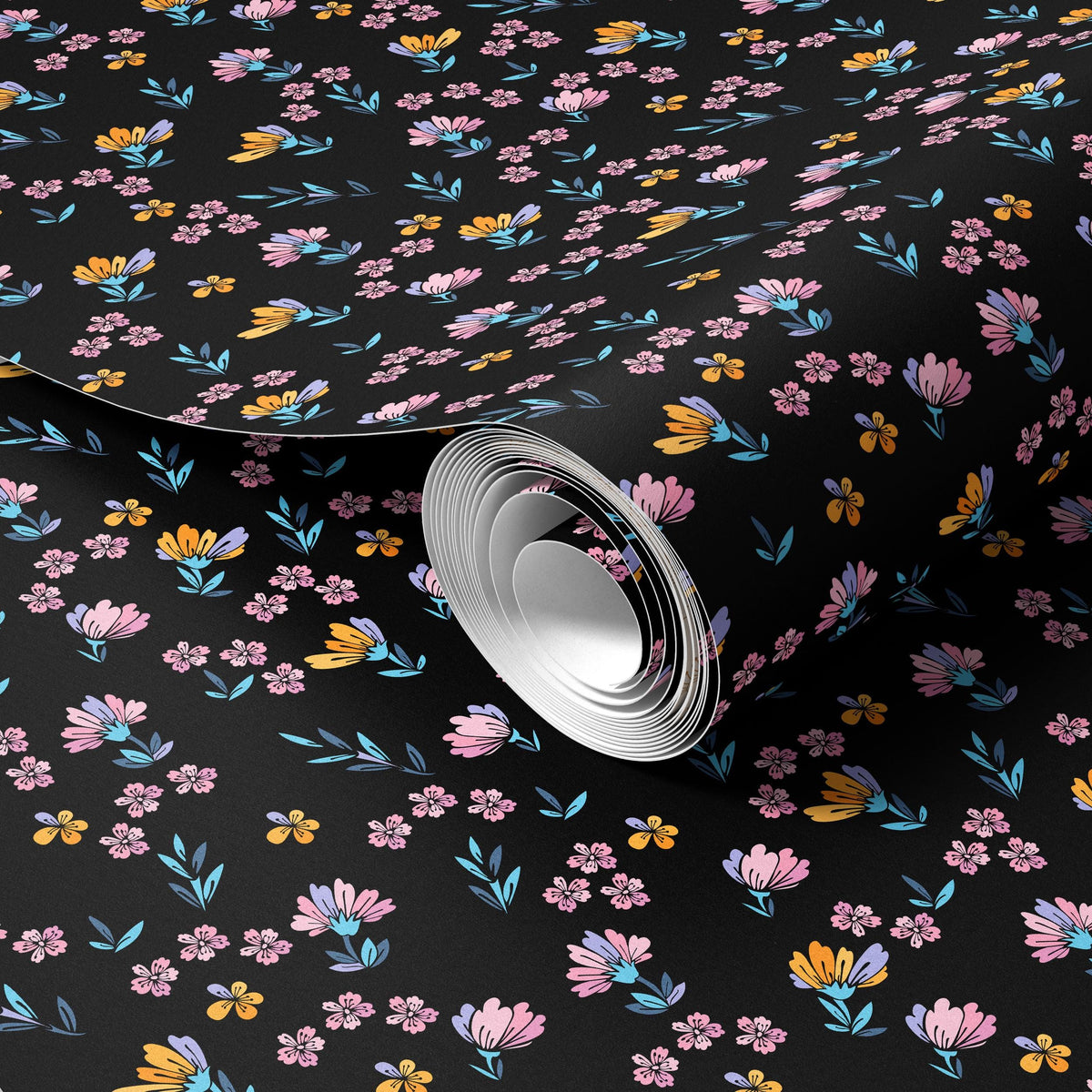 a roll of wallpaper with a floral pattern on it, including various shades of pink, orange, and yellow flowers against a black background.