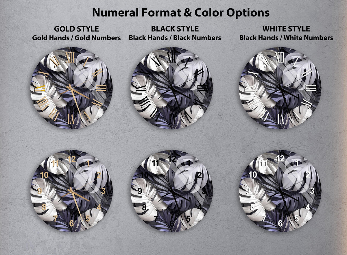 six different clock faces with various styles and color options, including gold hands, black hands, black numbers, white hands, black numbers, and white numbers.