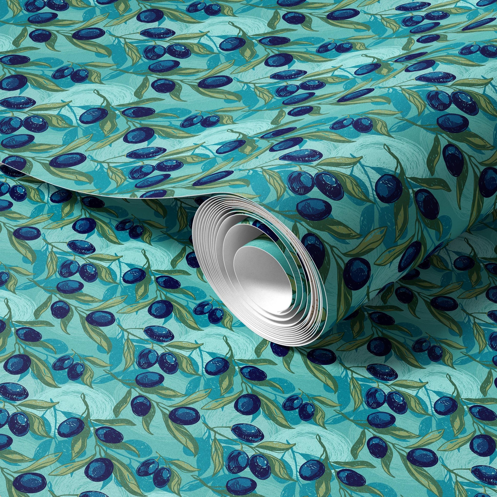 a roll of wallpaper with a repeating pattern of blue olives on green leaves.