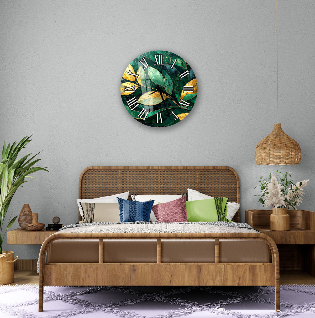 a bedroom with a large bed, a wicker headboard, and a wall clock with a tropical leaf design. The room has a neutral color scheme with a wicker pendant light and a wooden nightstand with a vase of flowers.