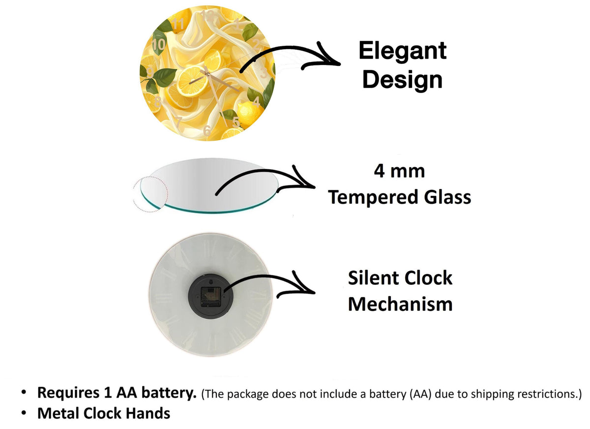 The image is a diagram that illustrates the features of a clock, including the type of glass used, the mechanism, and the battery requirements.