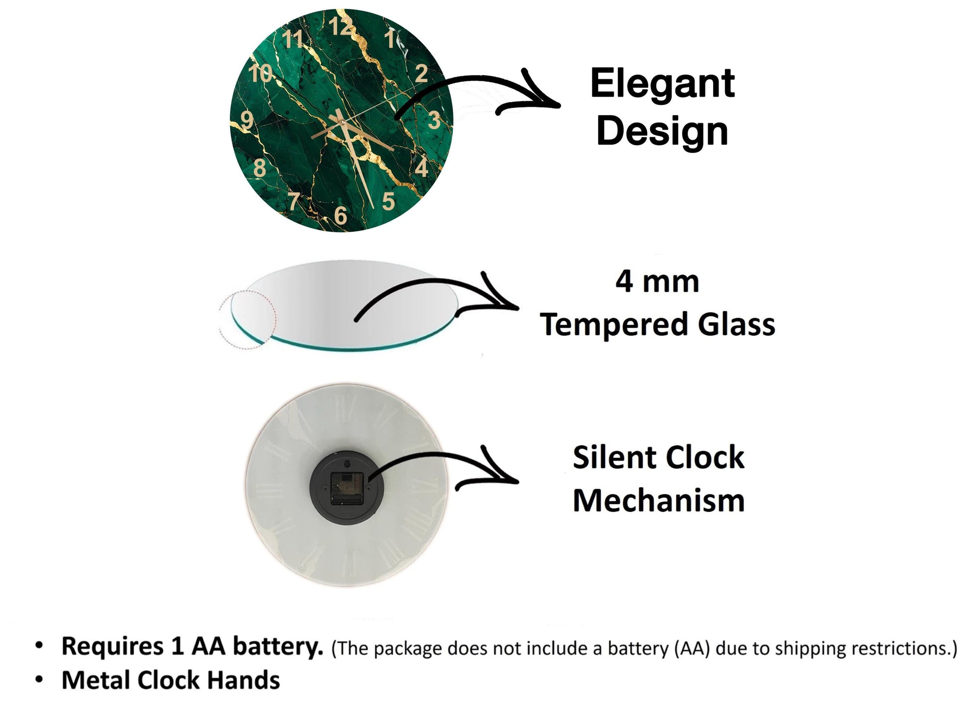 The image is a diagram that illustrates the features of a clock, including its design, materials, and mechanism. It shows a 4 mm Tempered Glass face, a silent clock mechanism, and a metal clock hand. The diagram also includes text that explains the features of the clock, such as the requirement of a 1 AA battery and the absence of a battery (AA) due to shipping restrictions.