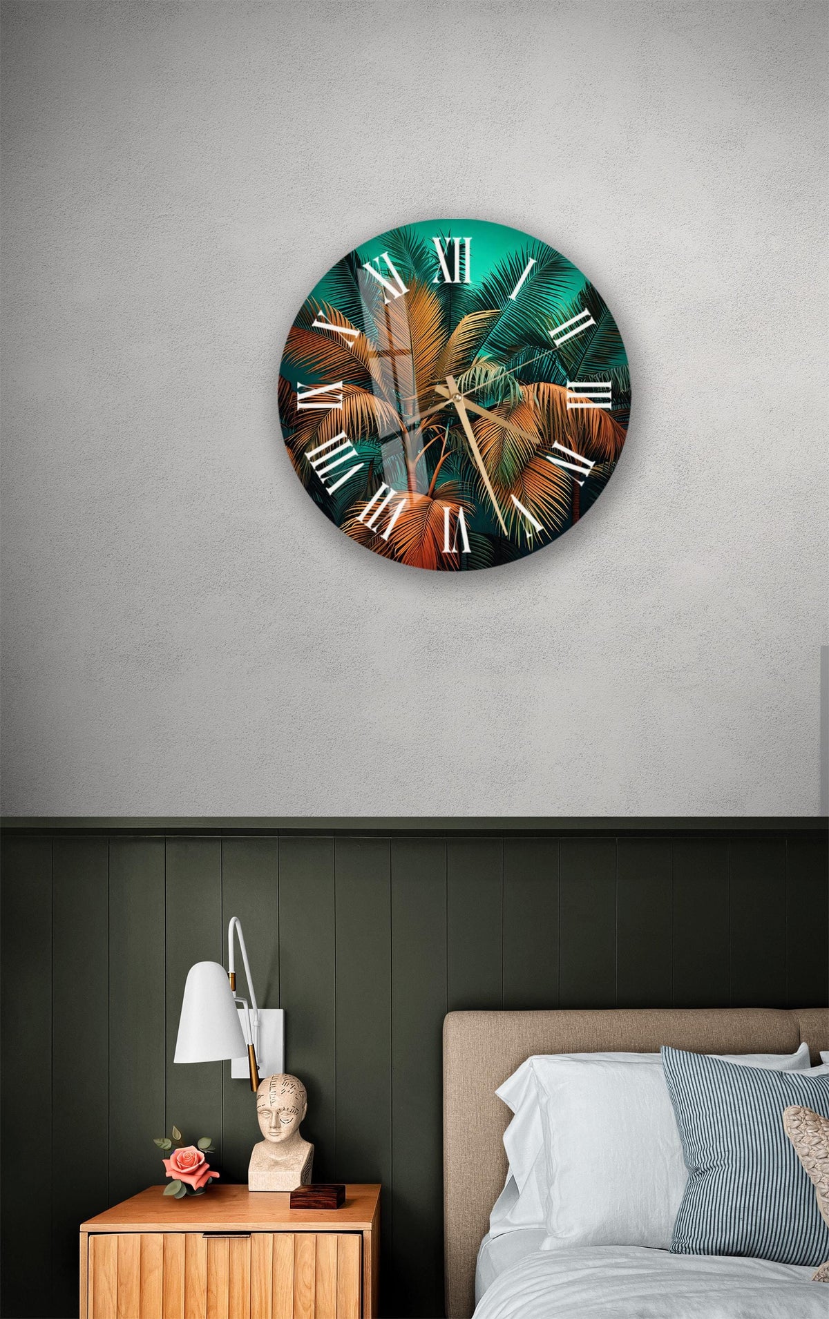 a bedroom with a bed and a clock on the wall