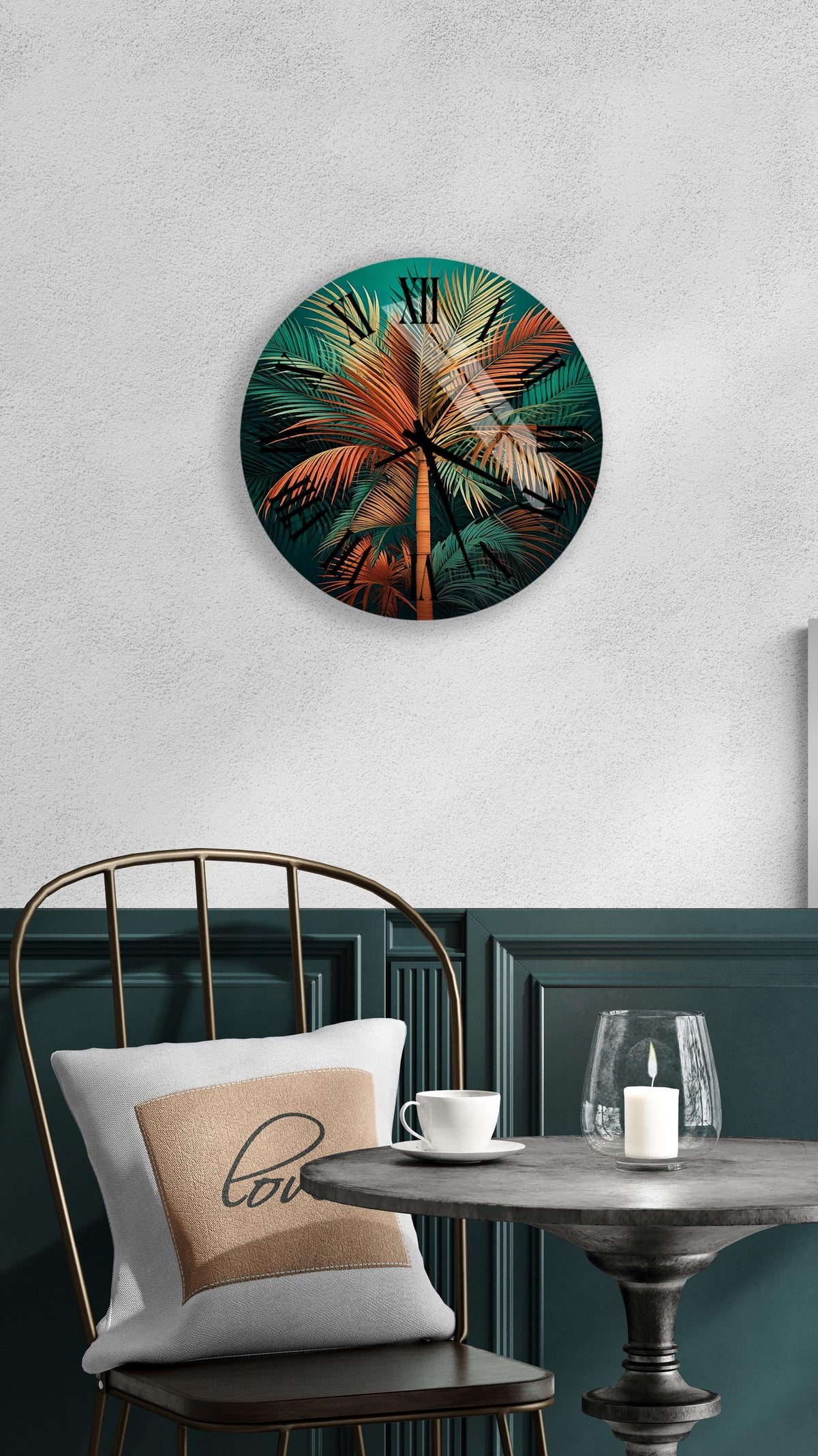 a clock on the wall above a table