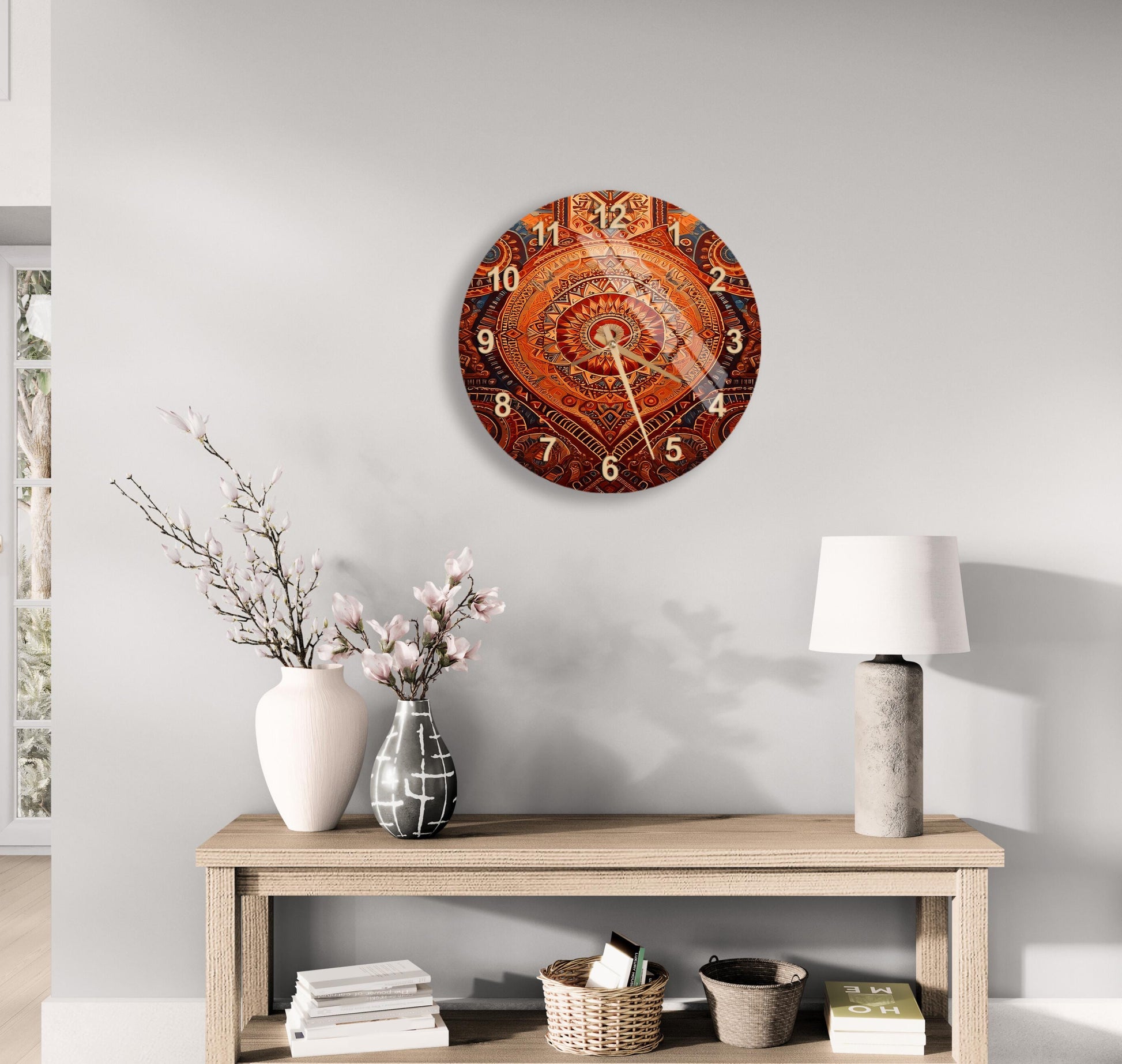 a wooden table with a vase of flowers and a clock on the wall