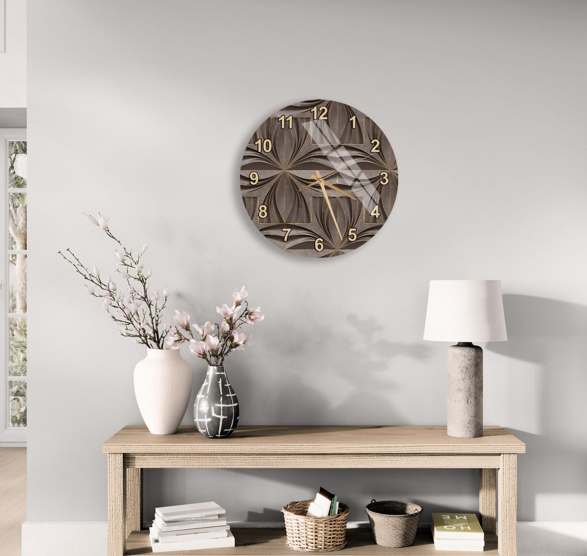 a modern living room with a wooden table, a lamp, a clock, and decorative elements such as a vase with flowers and a book.