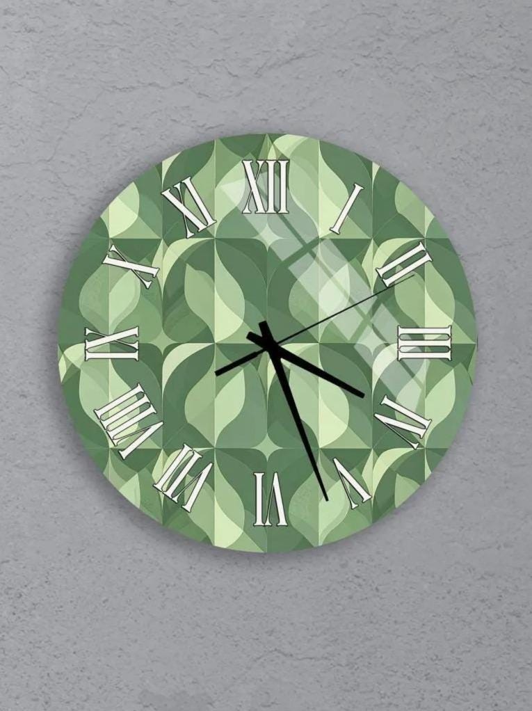 a collection of six clock faces with a green and black geometric pattern.