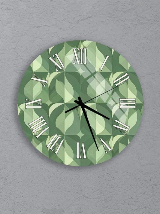 a collection of six clock faces with a green and black geometric pattern.