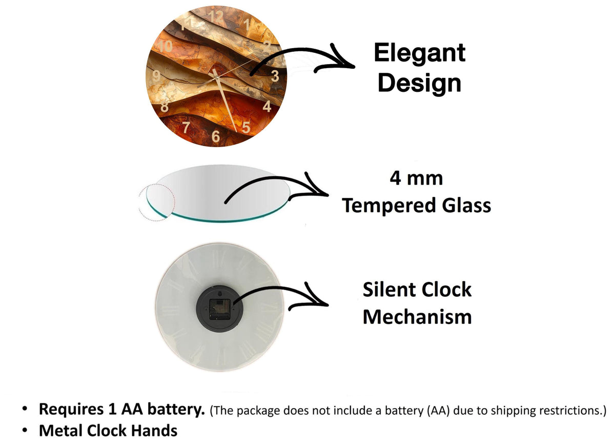 The image is a diagram that illustrates the features of a clock, including the type of glass used, the mechanism, and the battery requirements.