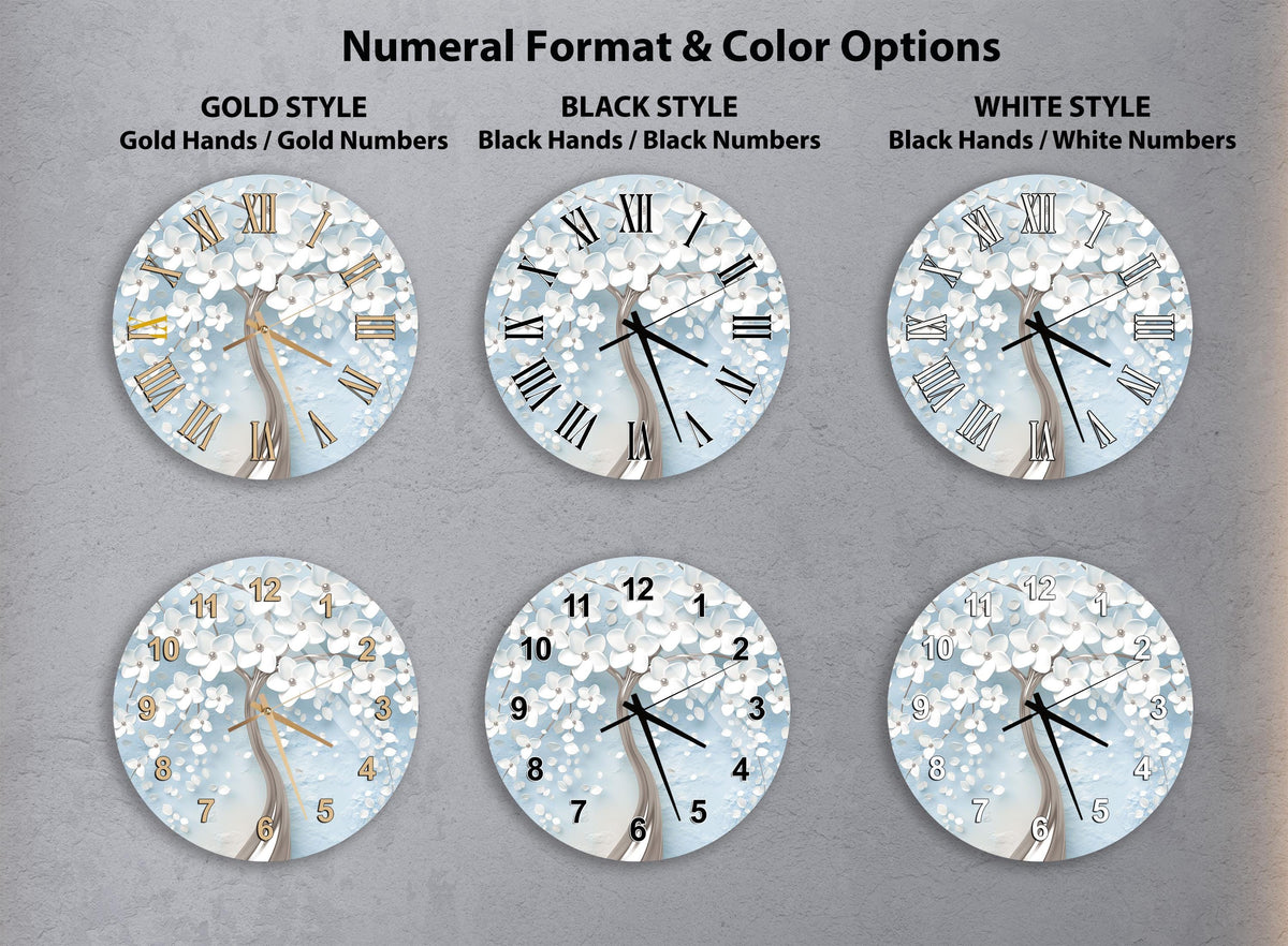 a collection of six wall clocks with different styles and color options, including gold hands, gold numbers, black hands, black numbers, white hands, and white numbers.