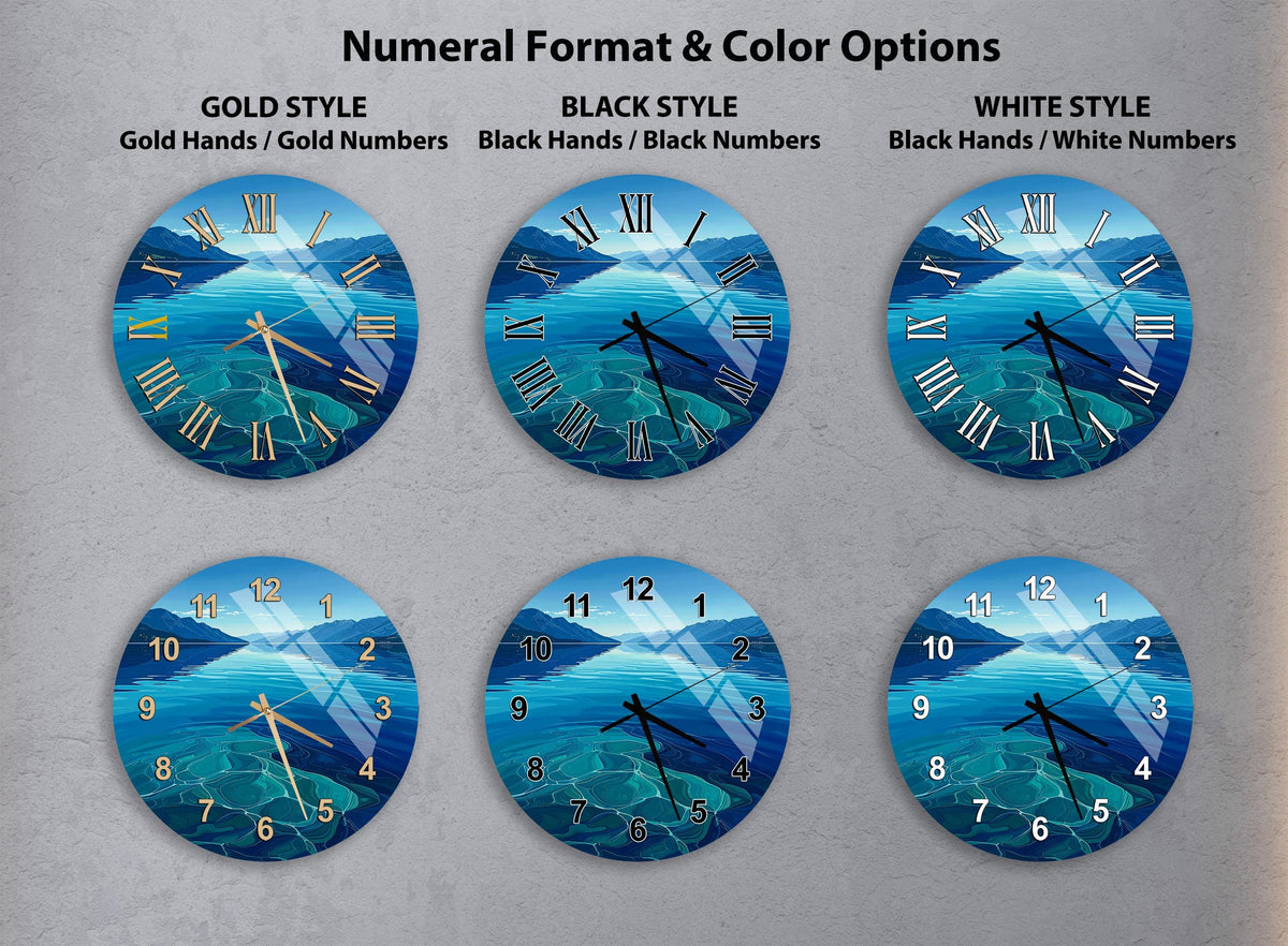 a collection of six clock faces, each with a different color and style, arranged in a grid. The clocks feature various color schemes and styles, including gold hands and numbers, black hands and numbers, and white hands and numbers.