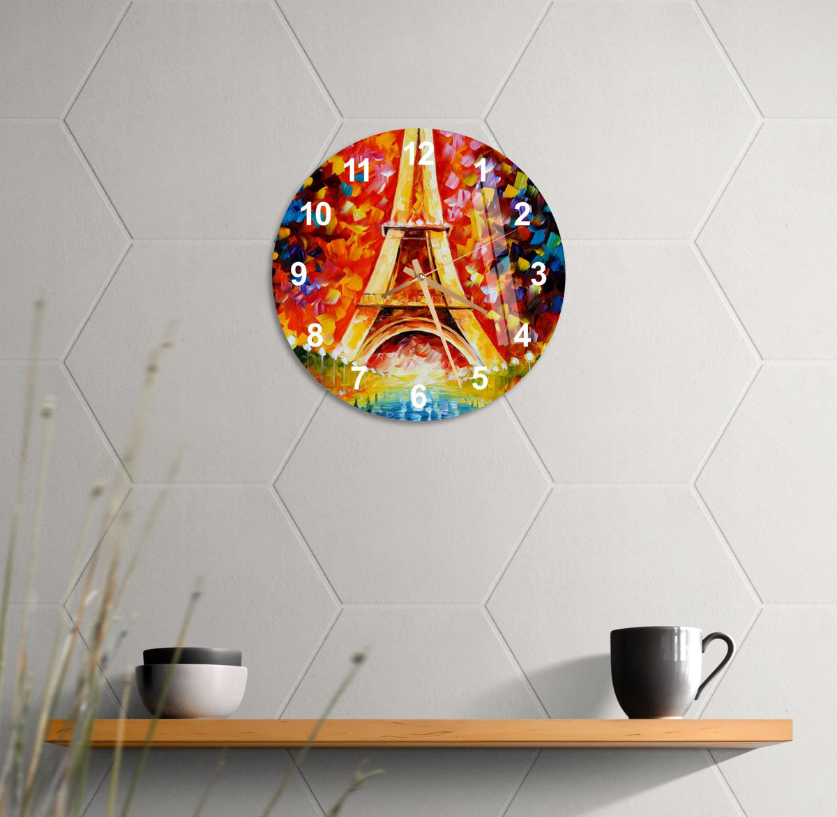 a clock with the eiffel tower painted on it